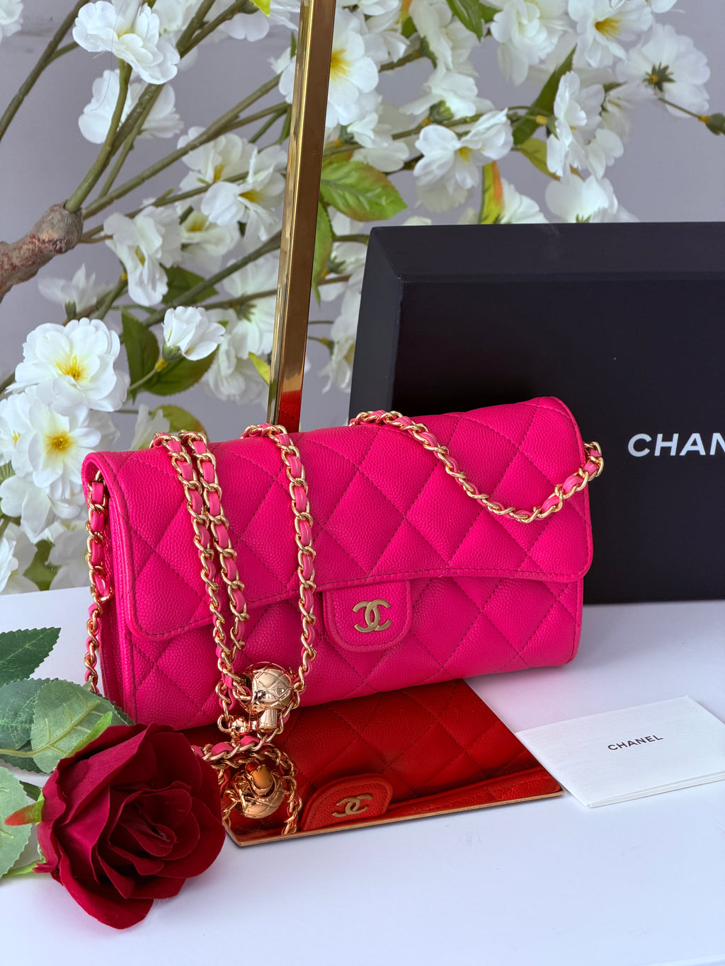 Chanel Timeless Classic Long Wallet Hot Pink Caviar Leather Gold Hardware