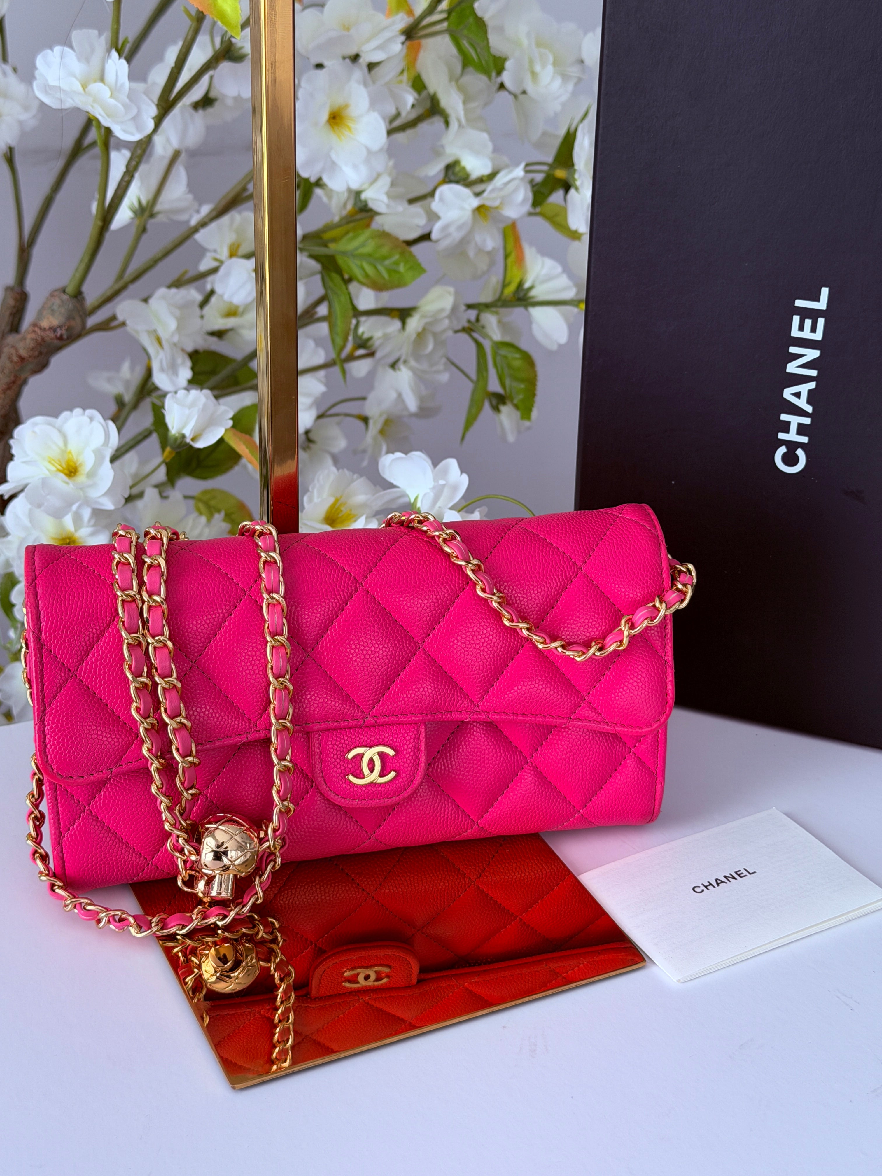 Chanel Timeless Classic Long Wallet Hot Pink Caviar Leather Gold Hardware