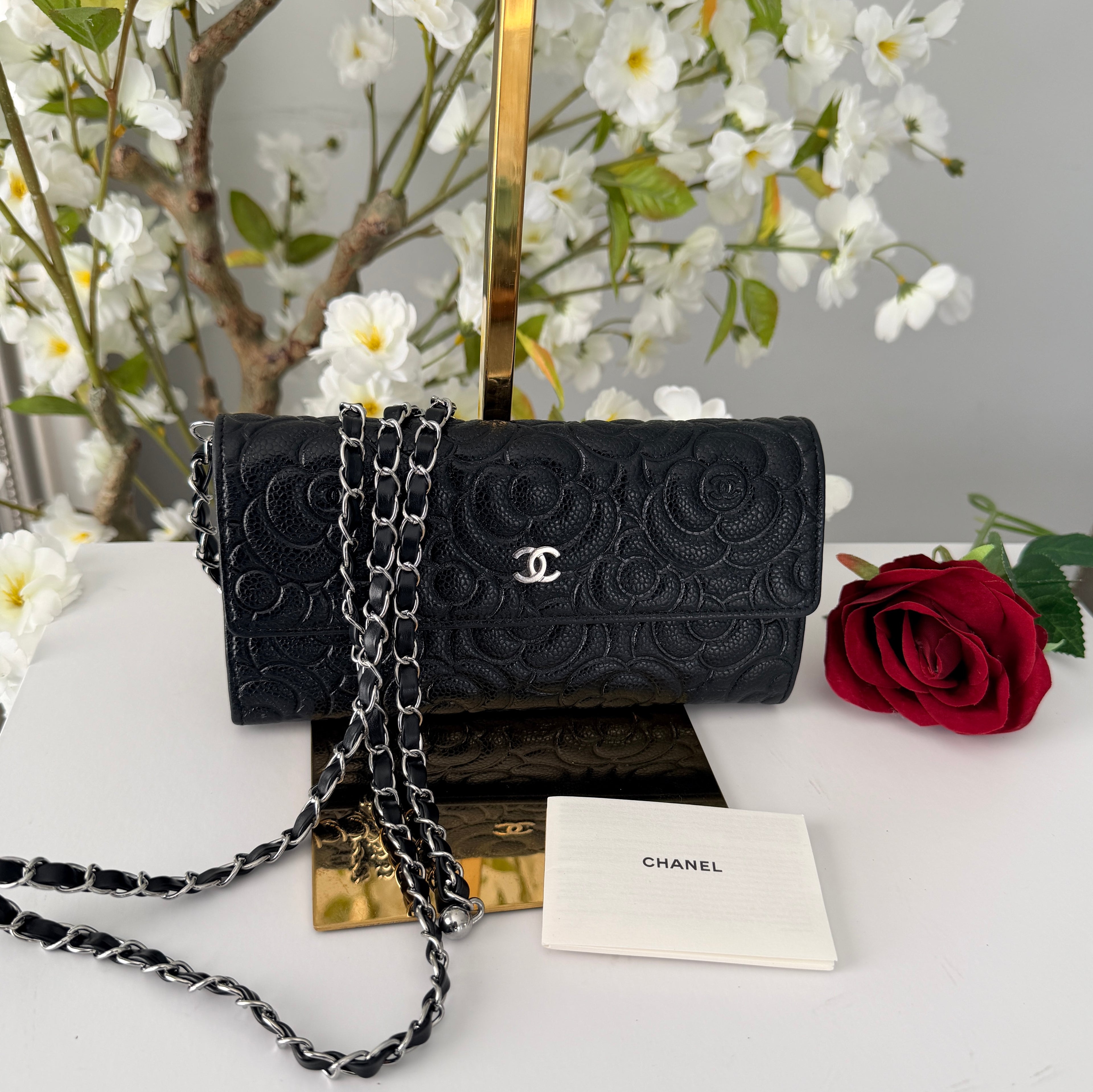 Chanel Camelia Long Wallet Black Caviar Leather Silver Hardware (2021)