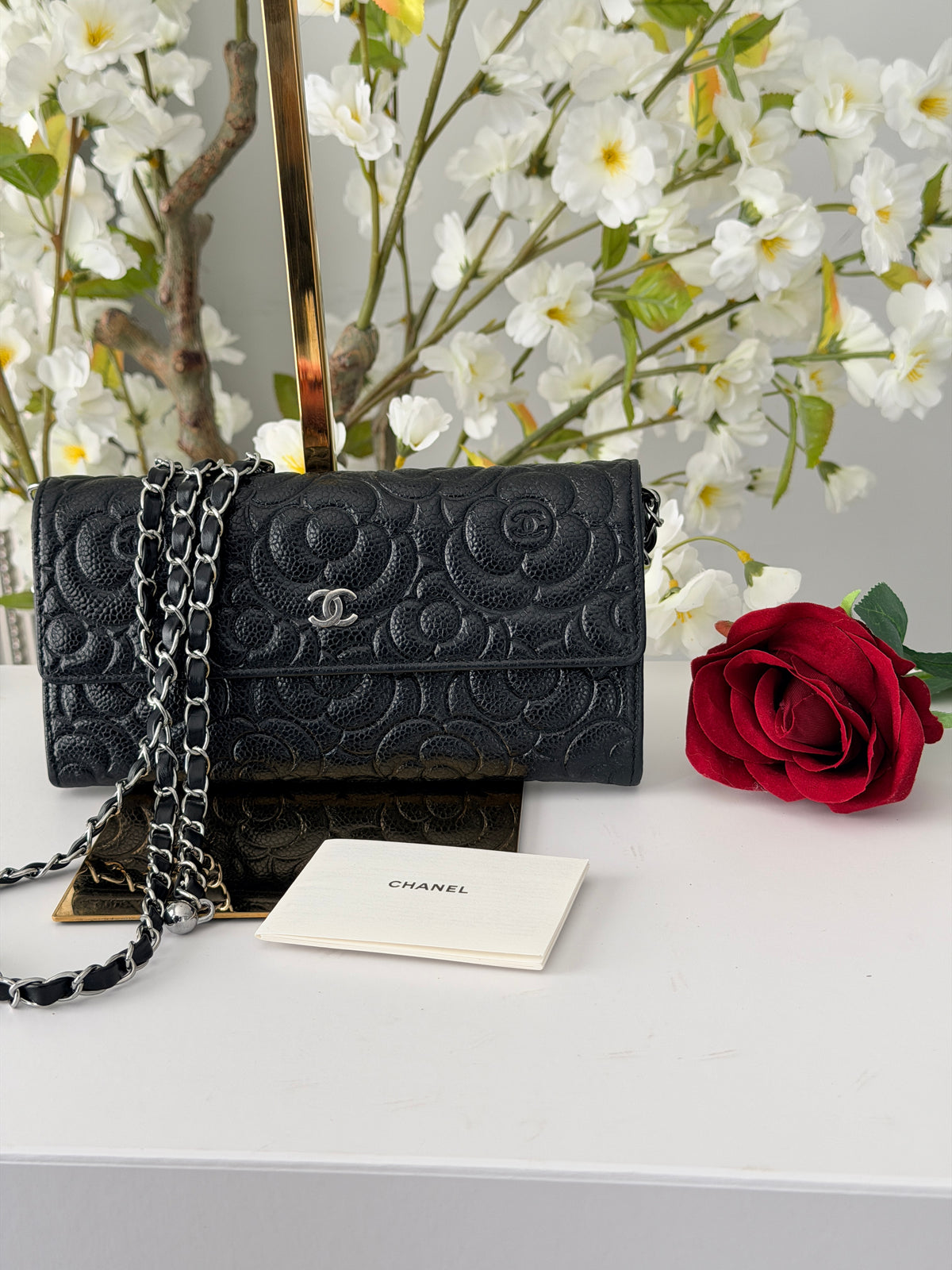 Chanel Camelia Long Wallet Black Caviar Leather Silver Hardware (2021)