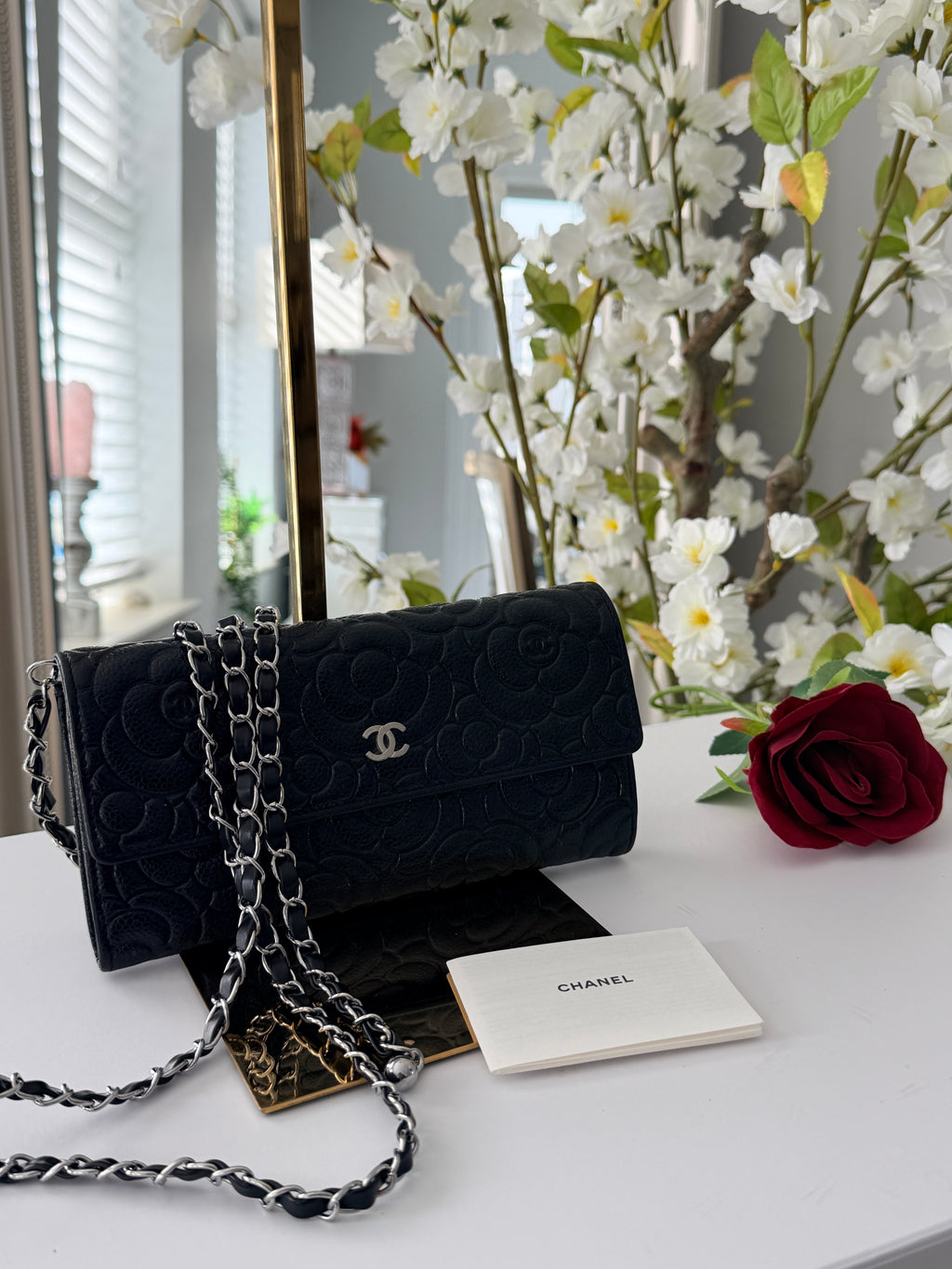 Chanel Camelia Long Wallet Black Caviar Leather Silver Hardware (2021)