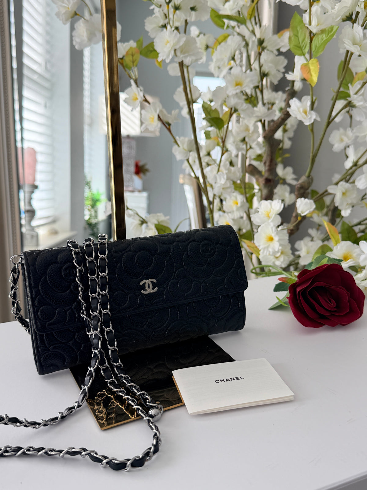 Chanel Camelia Long Wallet Black Caviar Leather Silver Hardware (2021)