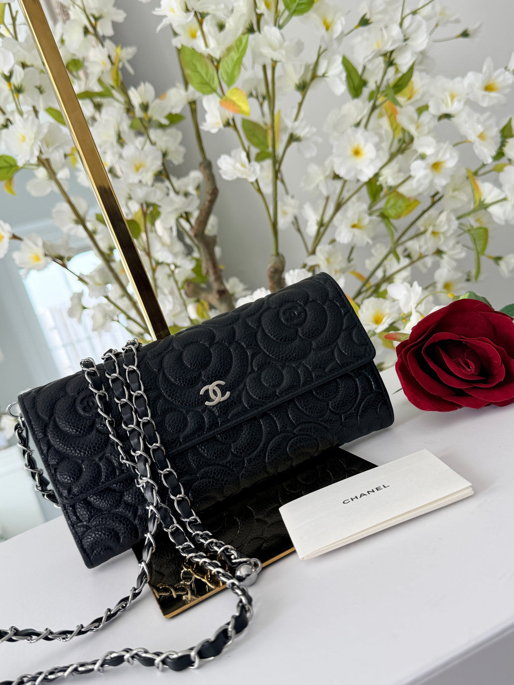 Chanel Camelia Long Wallet Black Caviar Leather Silver Hardware (2021)