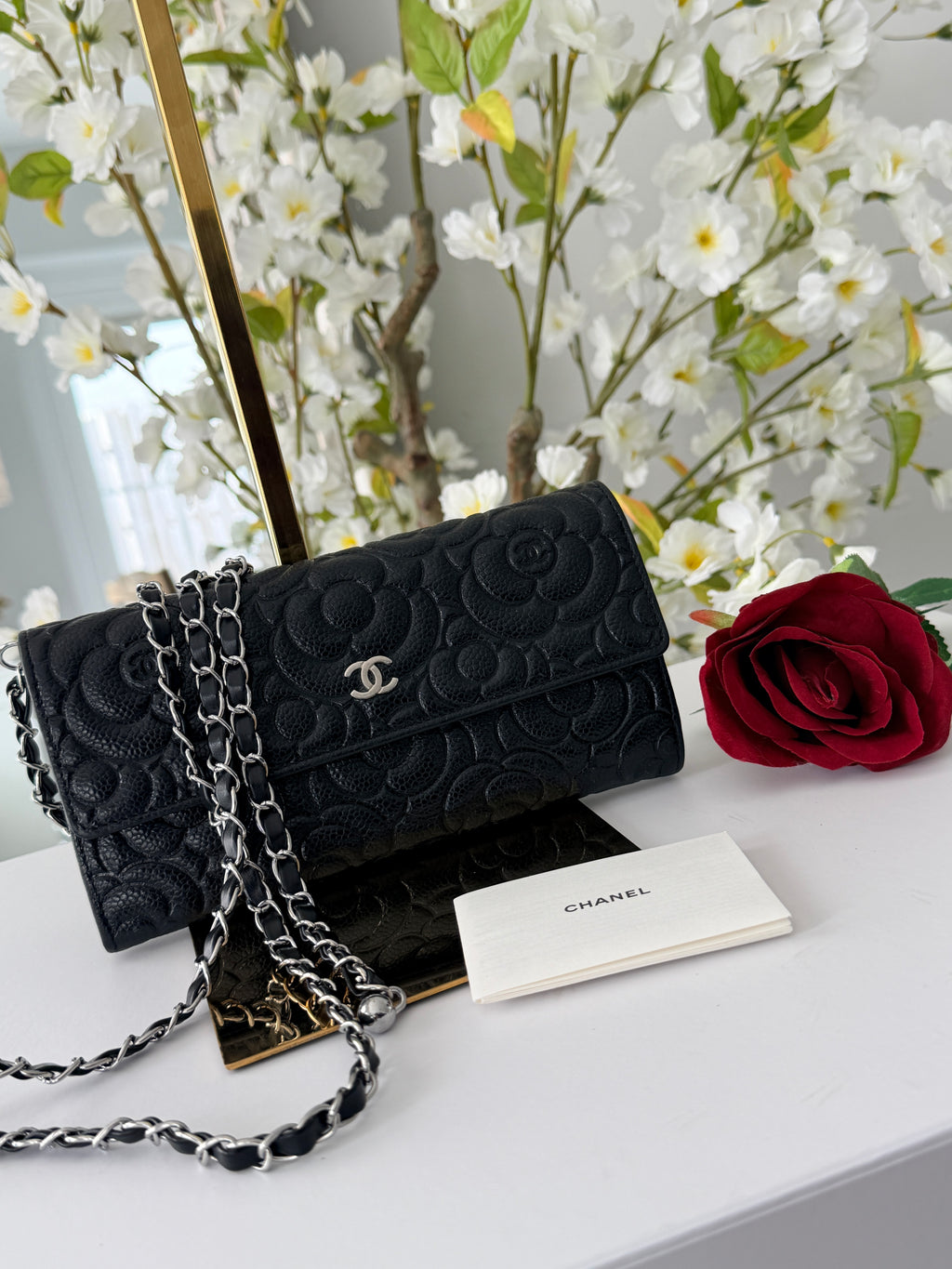 Chanel Camelia Long Wallet Black Caviar Leather Silver Hardware (2021)