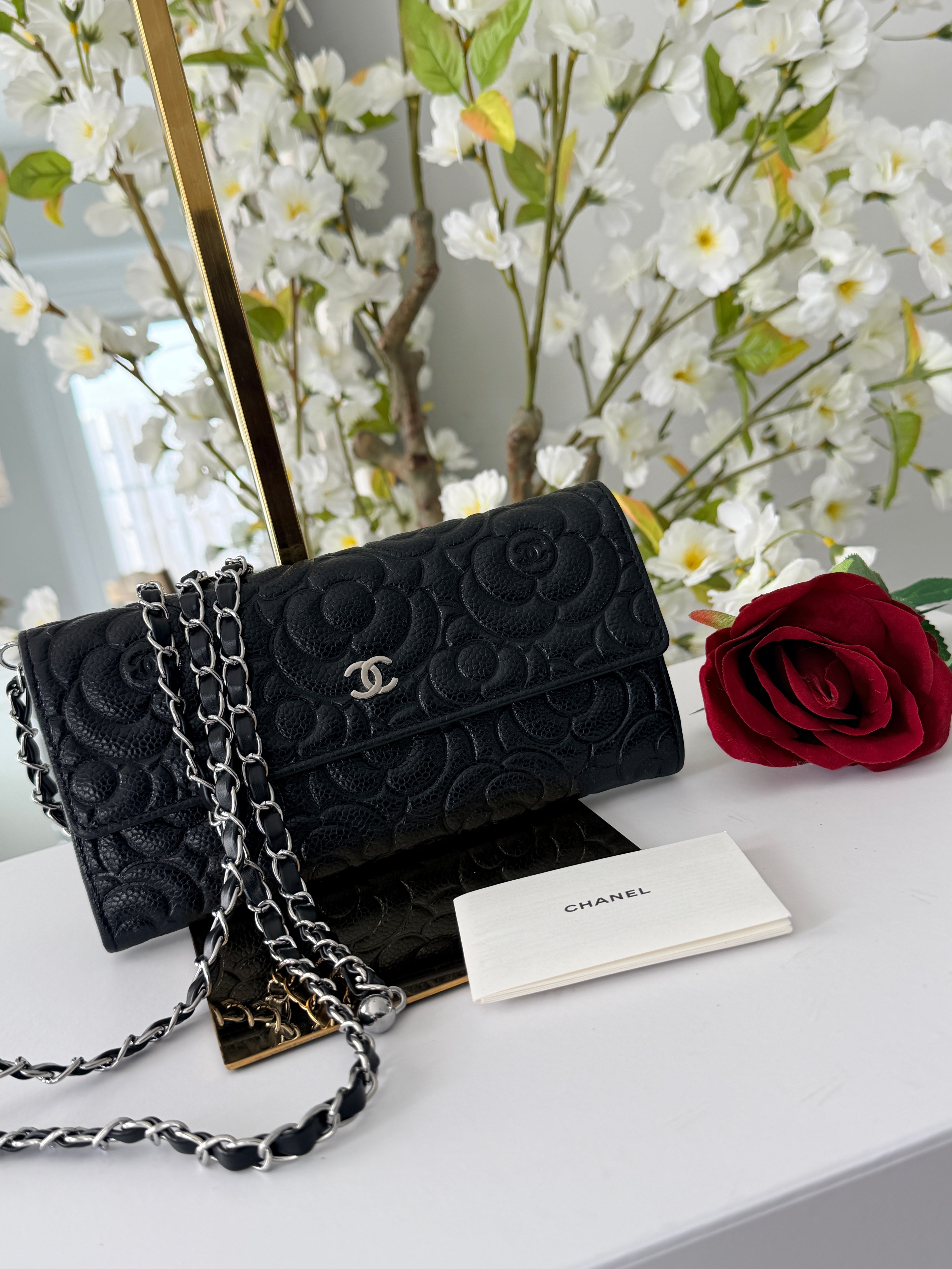 Chanel Camelia Long Wallet Black Caviar Leather Silver Hardware (2021)