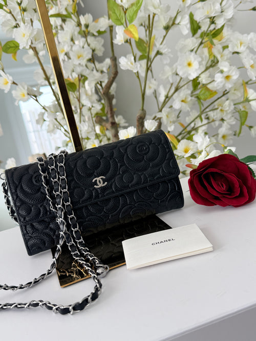 Chanel Camelia Long Wallet Black Caviar Leather Silver Hardware (2021)