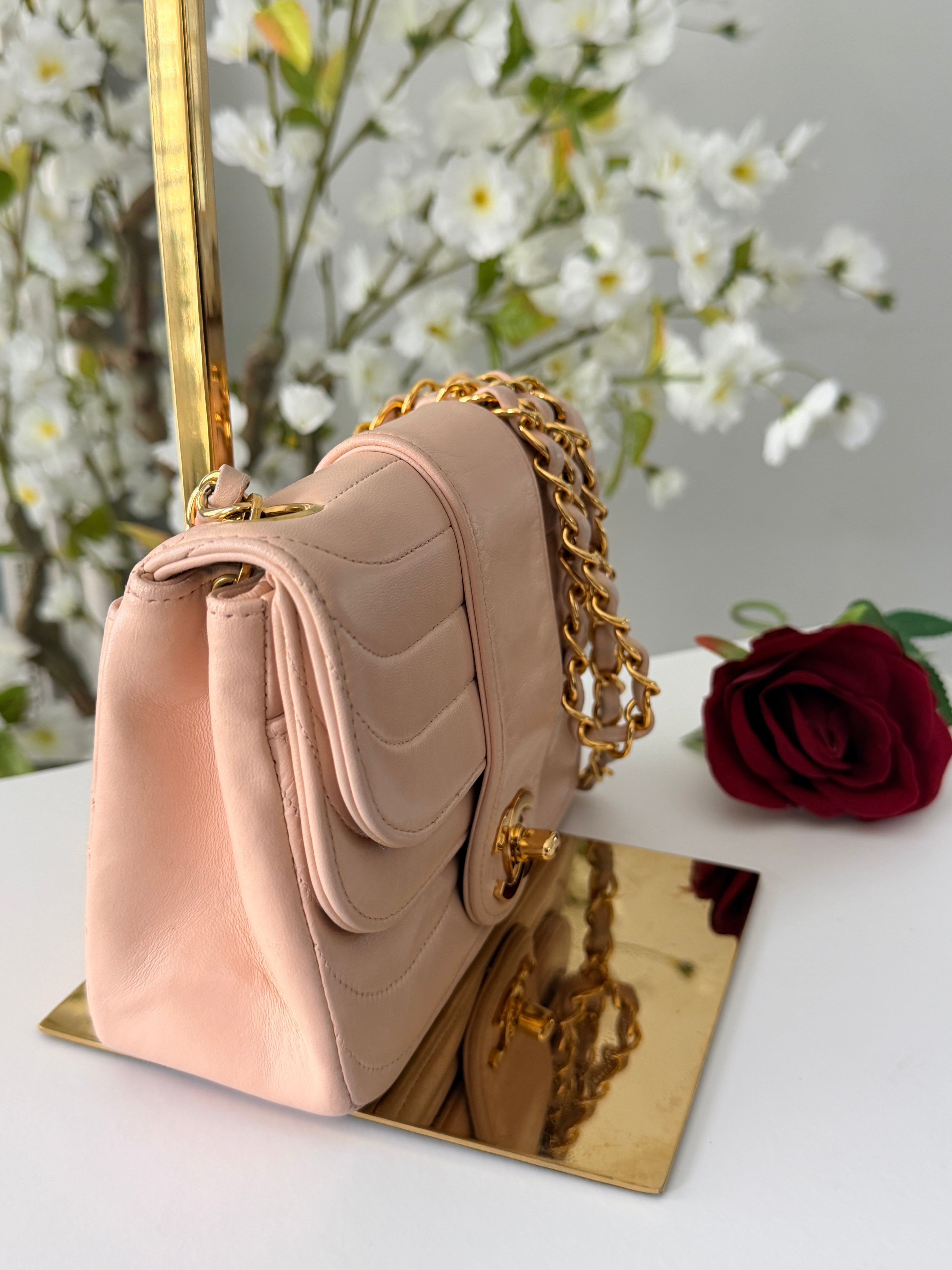 Chanel Vintage Mademoiselle Flap Mini Bag Pink Lambskin Leather 24k Gold Plated Hardware