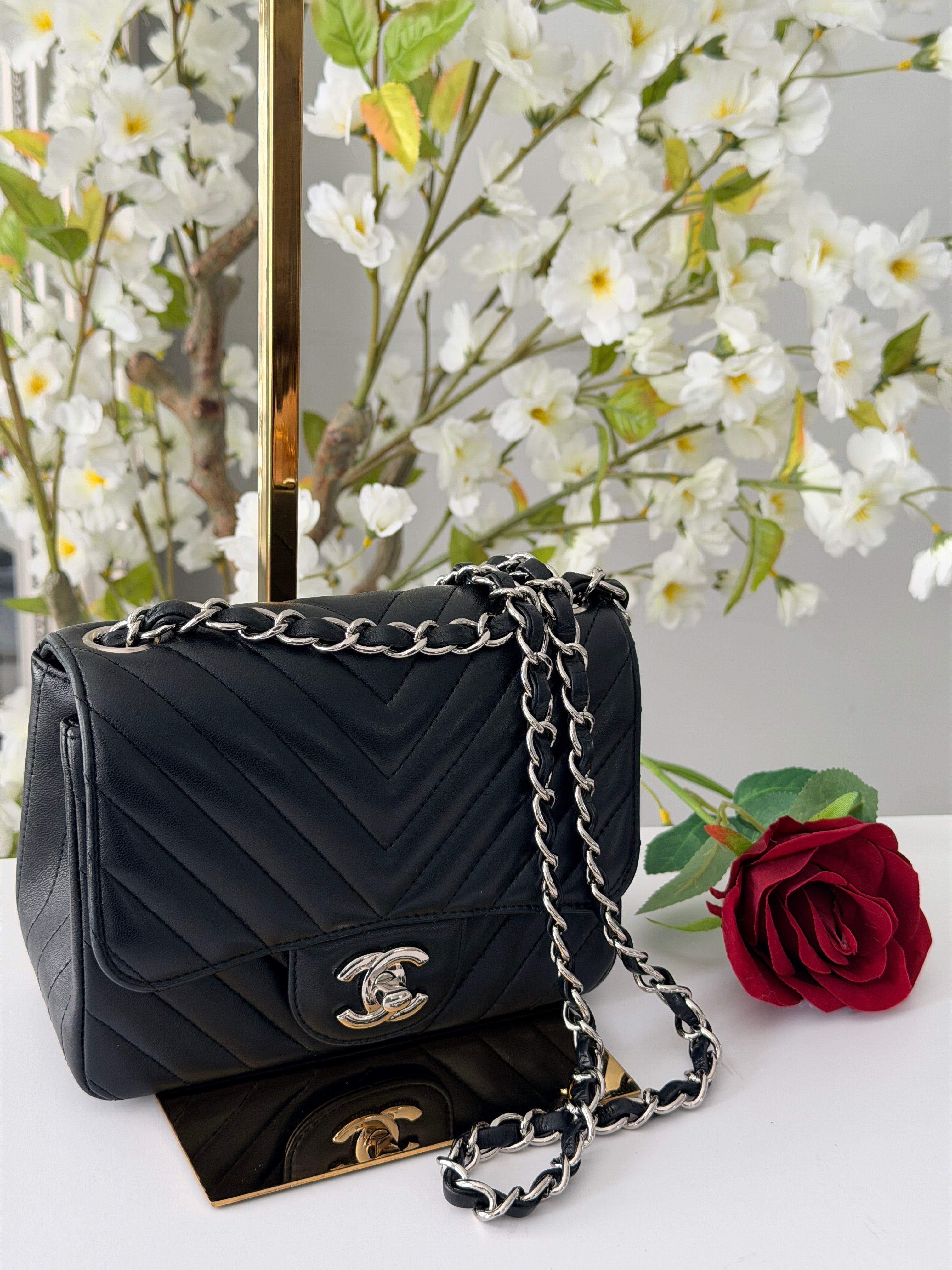 Chanel Mini Chevron Flap Black Lambskin Leather with Silver Hardware