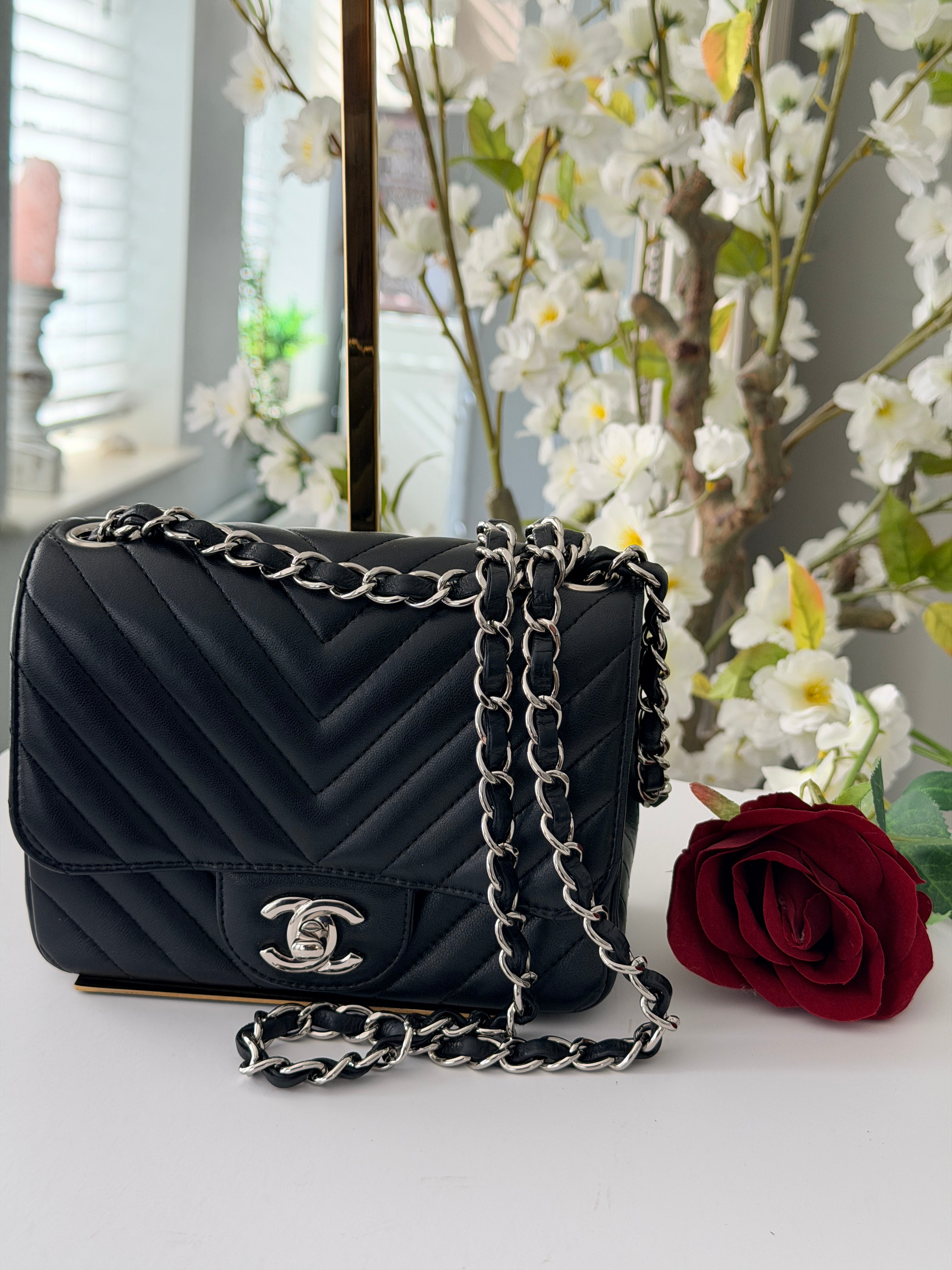 Chanel Mini Chevron Flap Black Lambskin Leather with Silver Hardware