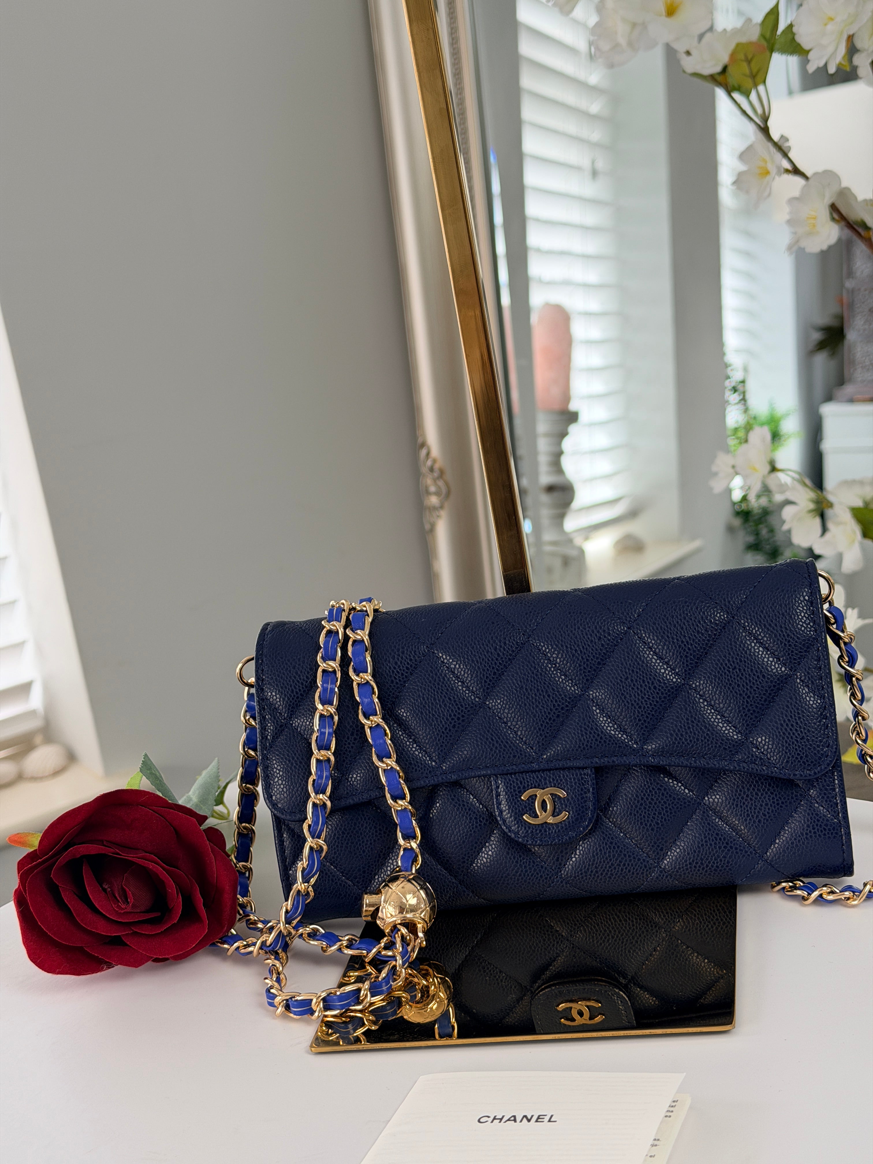 Chanel Matelasse Long Wallet Navy Caviar Leather Gold Hardware 2022-2024