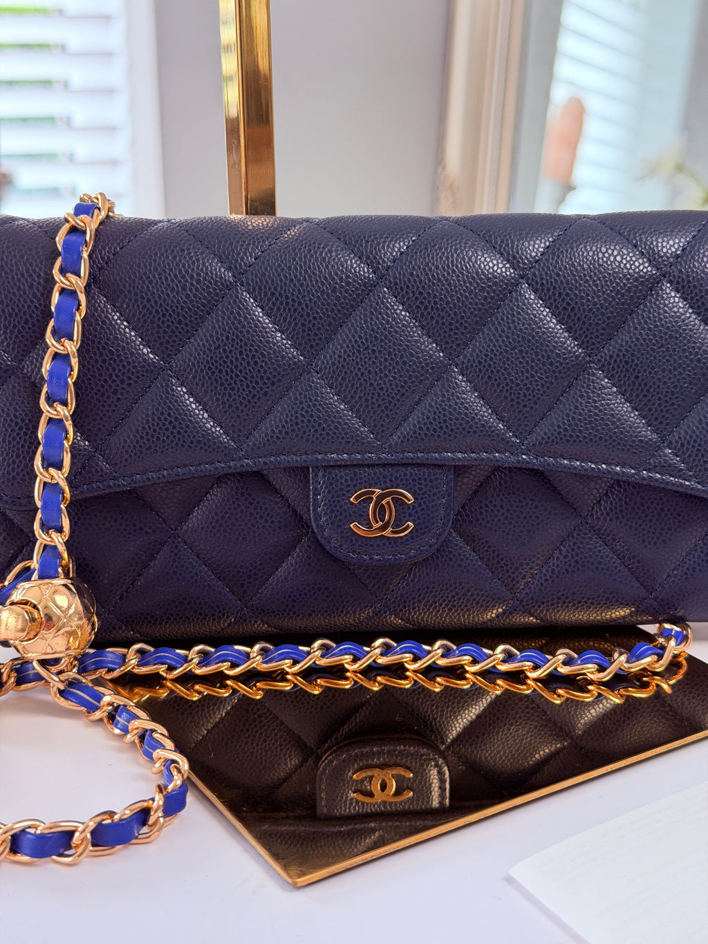 Chanel Matelasse Long Wallet Navy Caviar Leather Gold Hardware 2022-2024