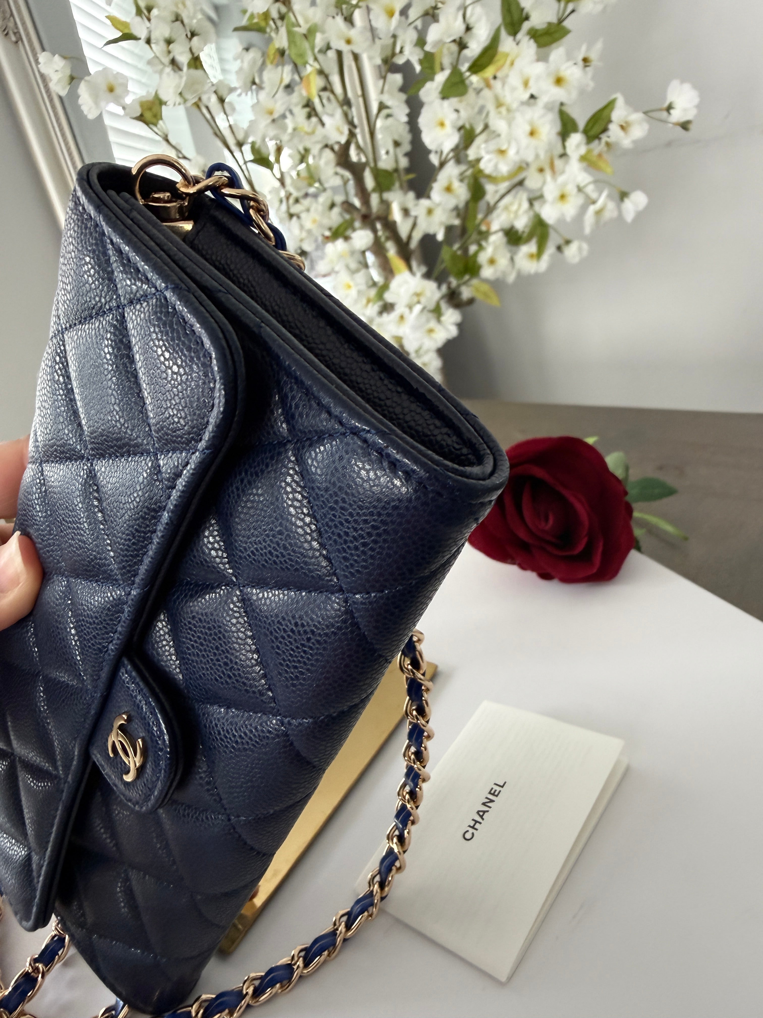 Chanel Matelasse Long Wallet Navy Caviar Leather Gold Hardware 2022-2024