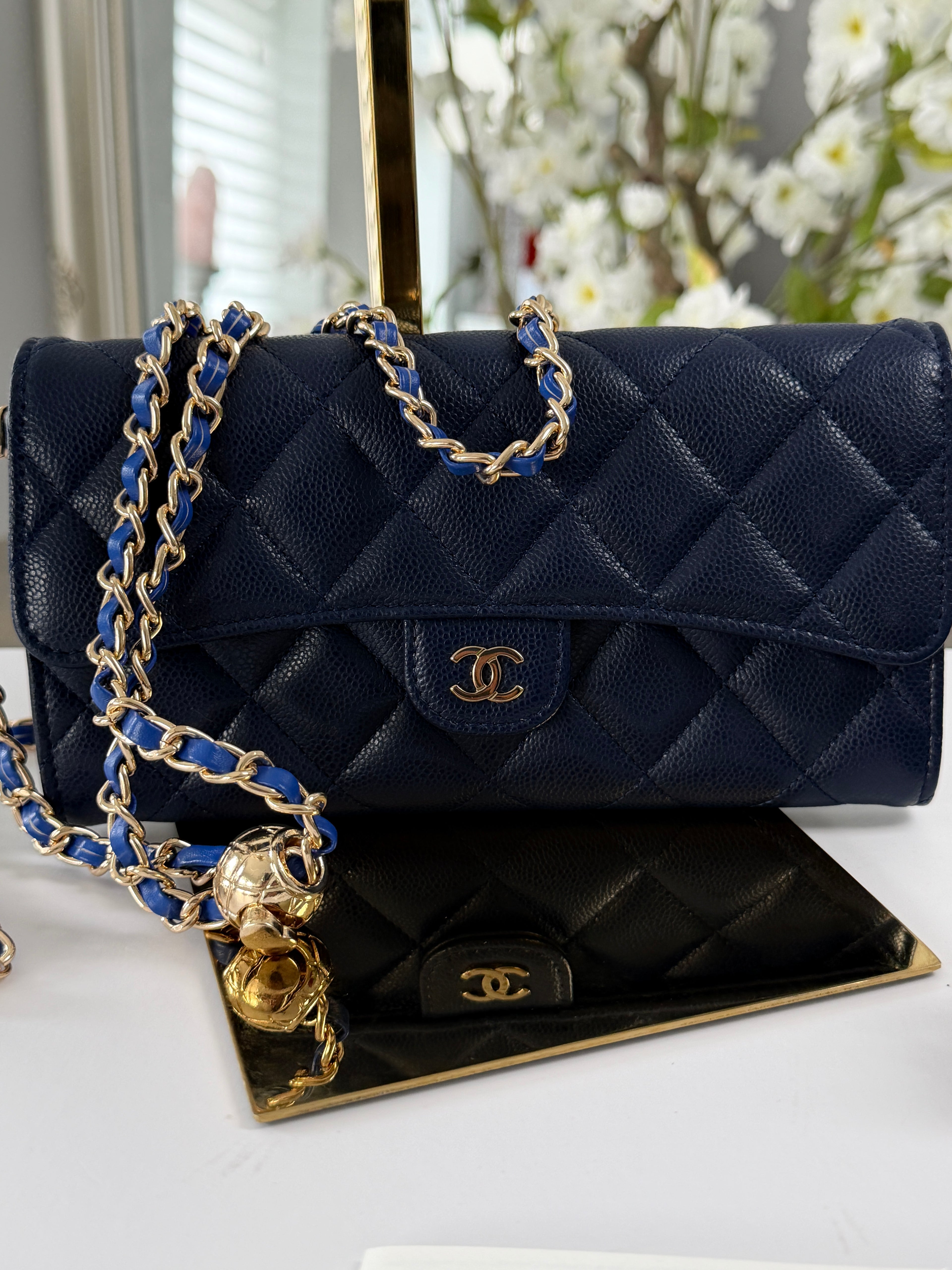 Chanel Matelasse Long Wallet Navy Caviar Leather Gold Hardware 2022-2024