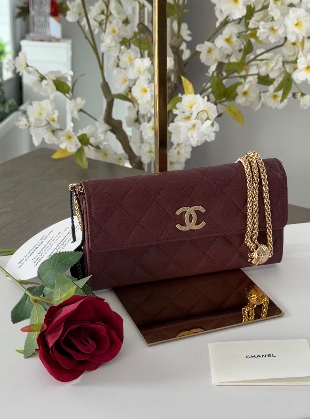 Chanel Long Flap Wallet Burgundy Caviar Leather Gold Hardware