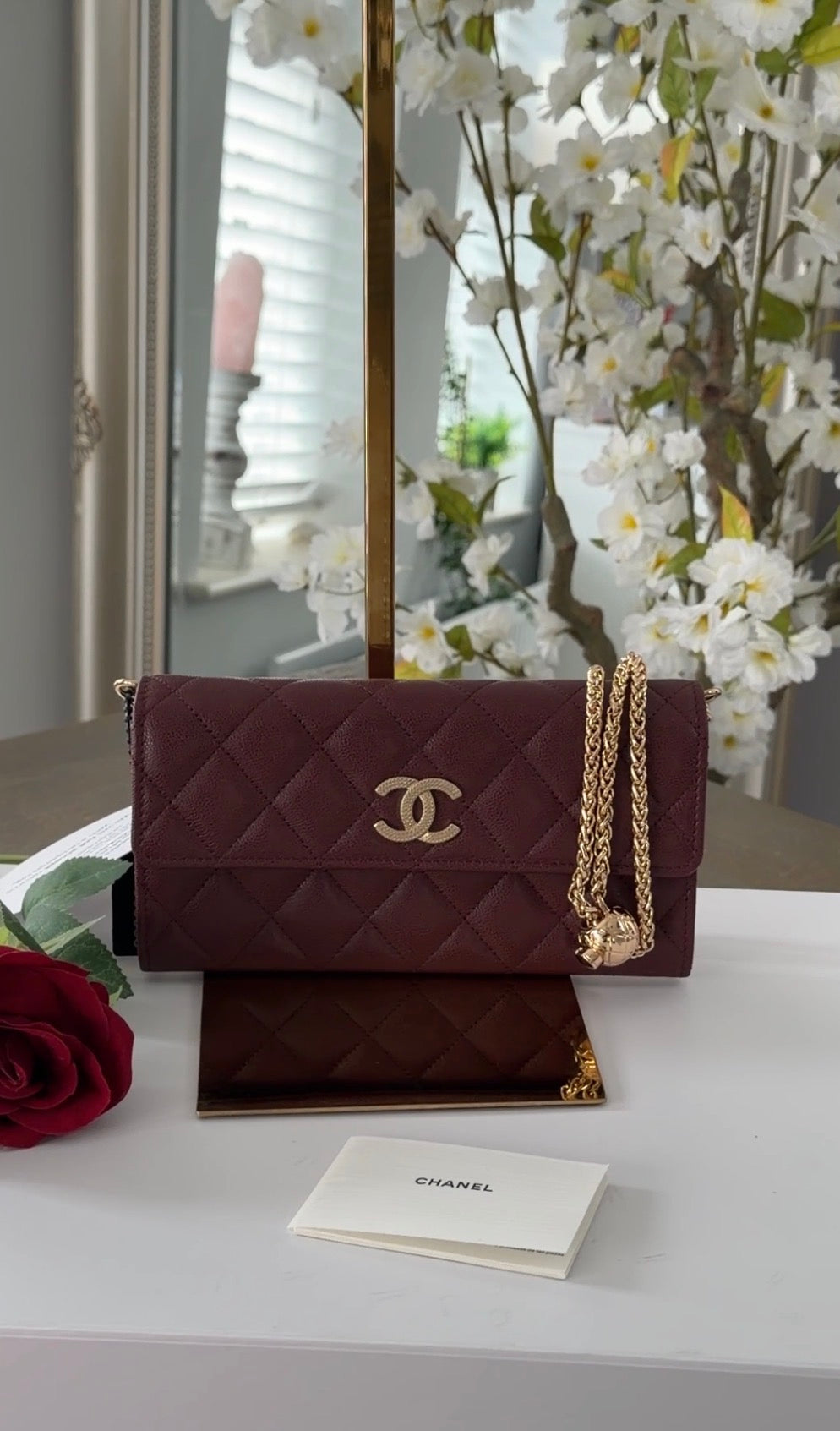 Chanel Long Flap Wallet Burgundy Caviar Leather Gold Hardware