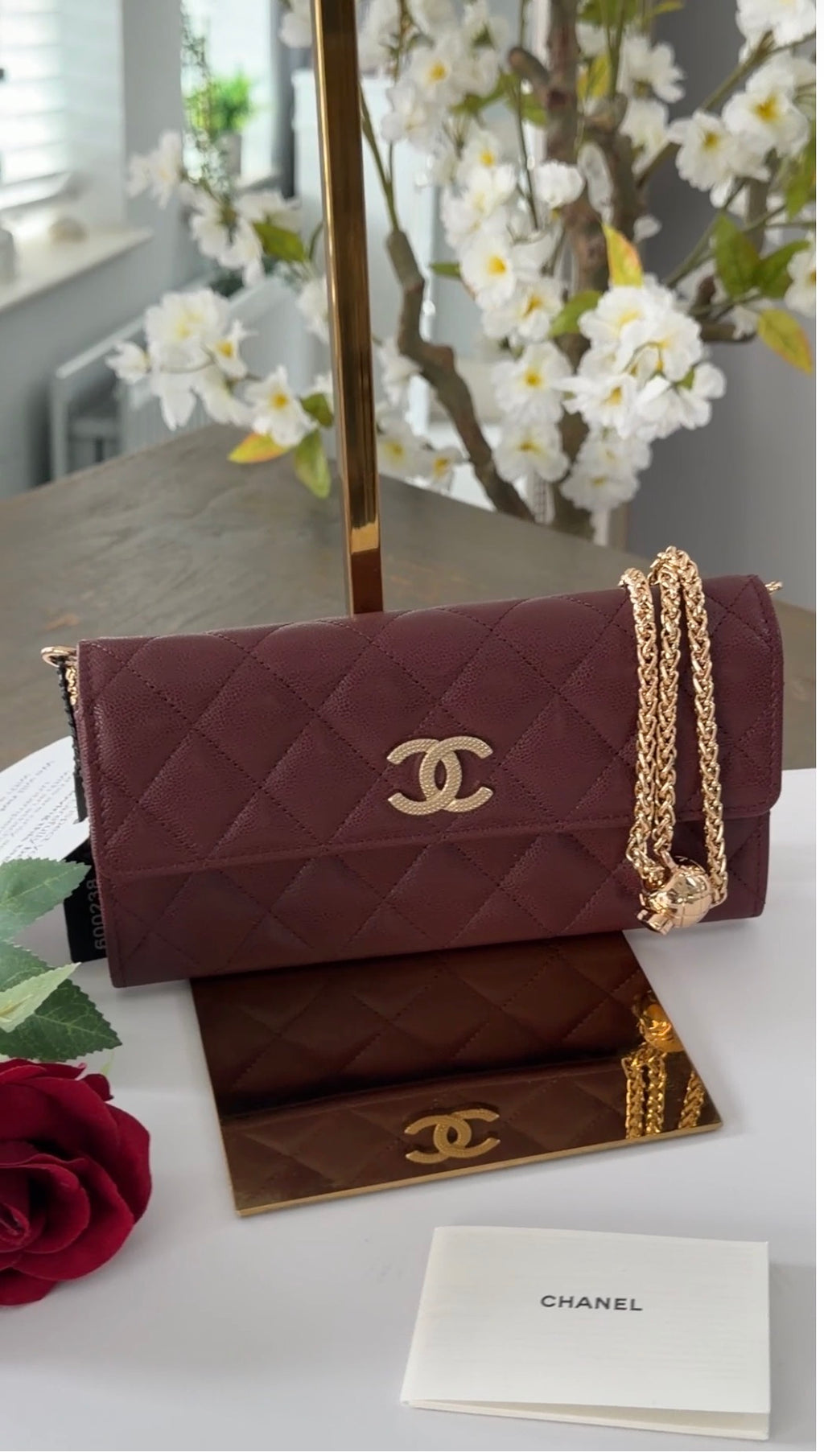 Chanel Long Flap Wallet Burgundy Caviar Leather Gold Hardware