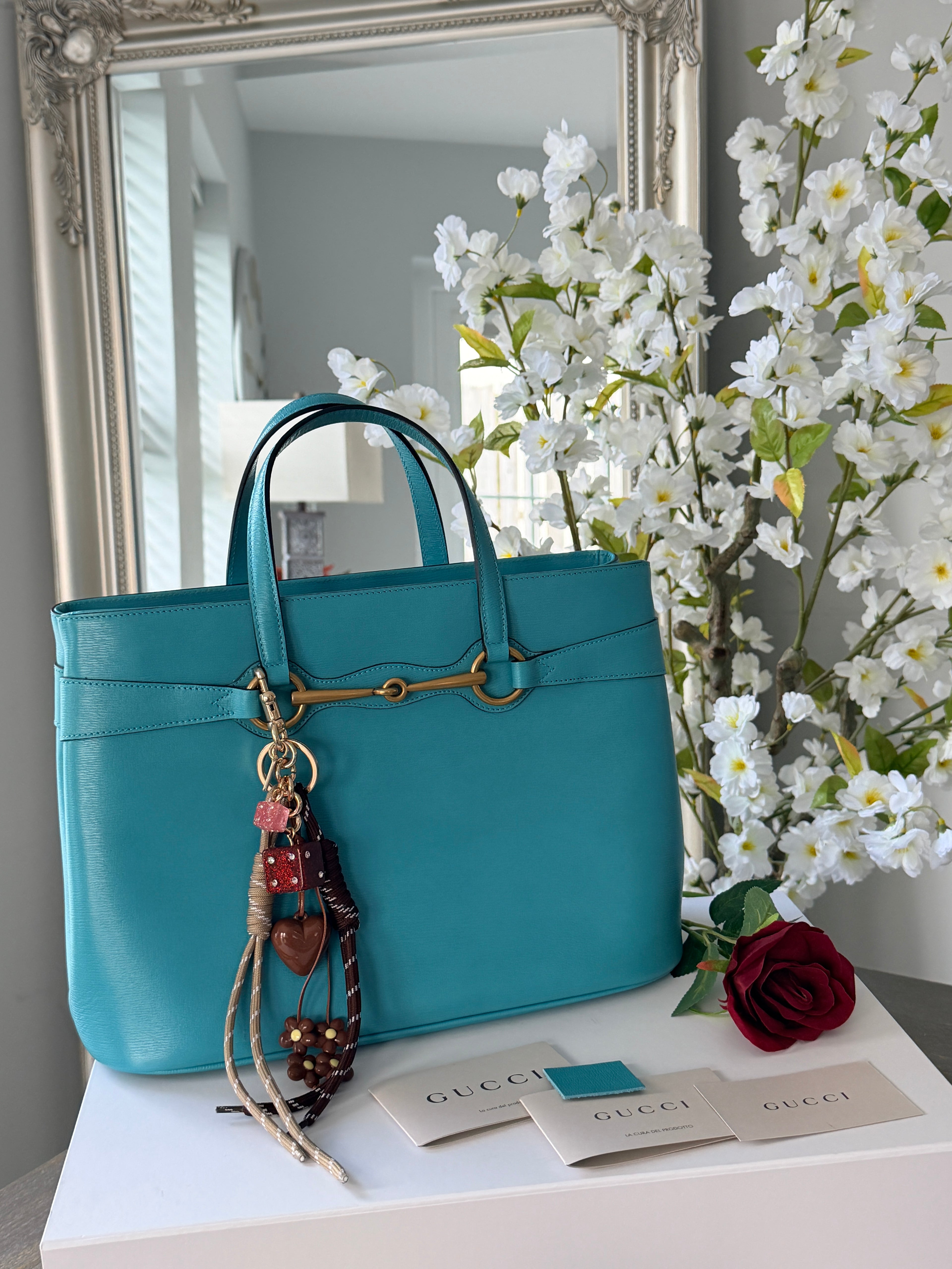 Gucci Horsebit Turquoise Leather Medium Tote Bag