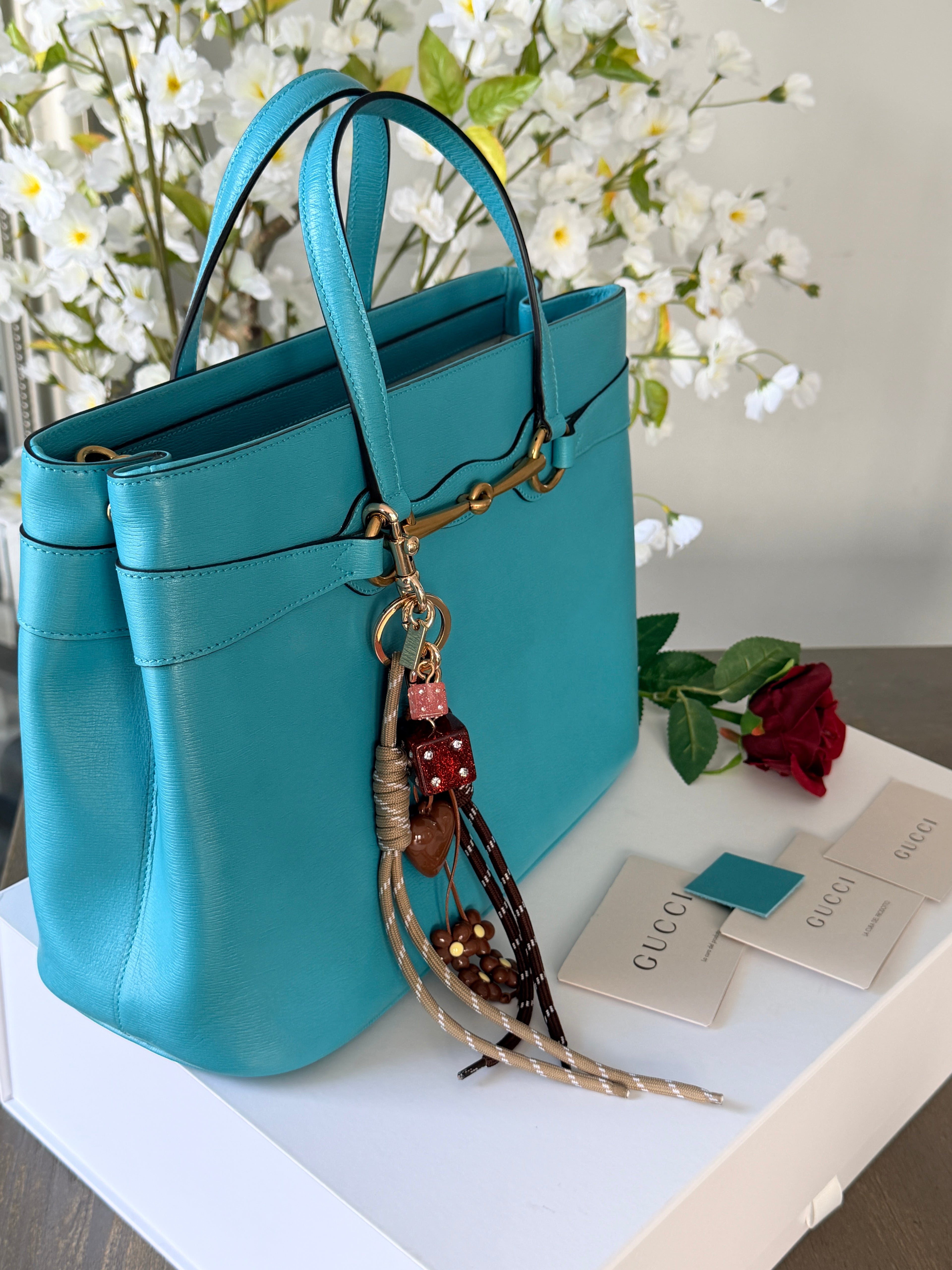 Gucci Horsebit Turquoise Leather Medium Tote Bag