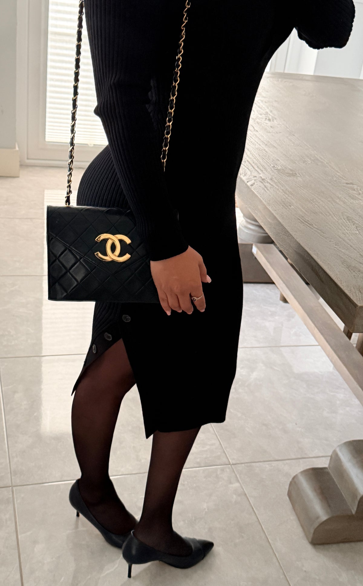 Chanel Vintage Small Shoulder Bag Black Lambskin Leather Gold Hardware