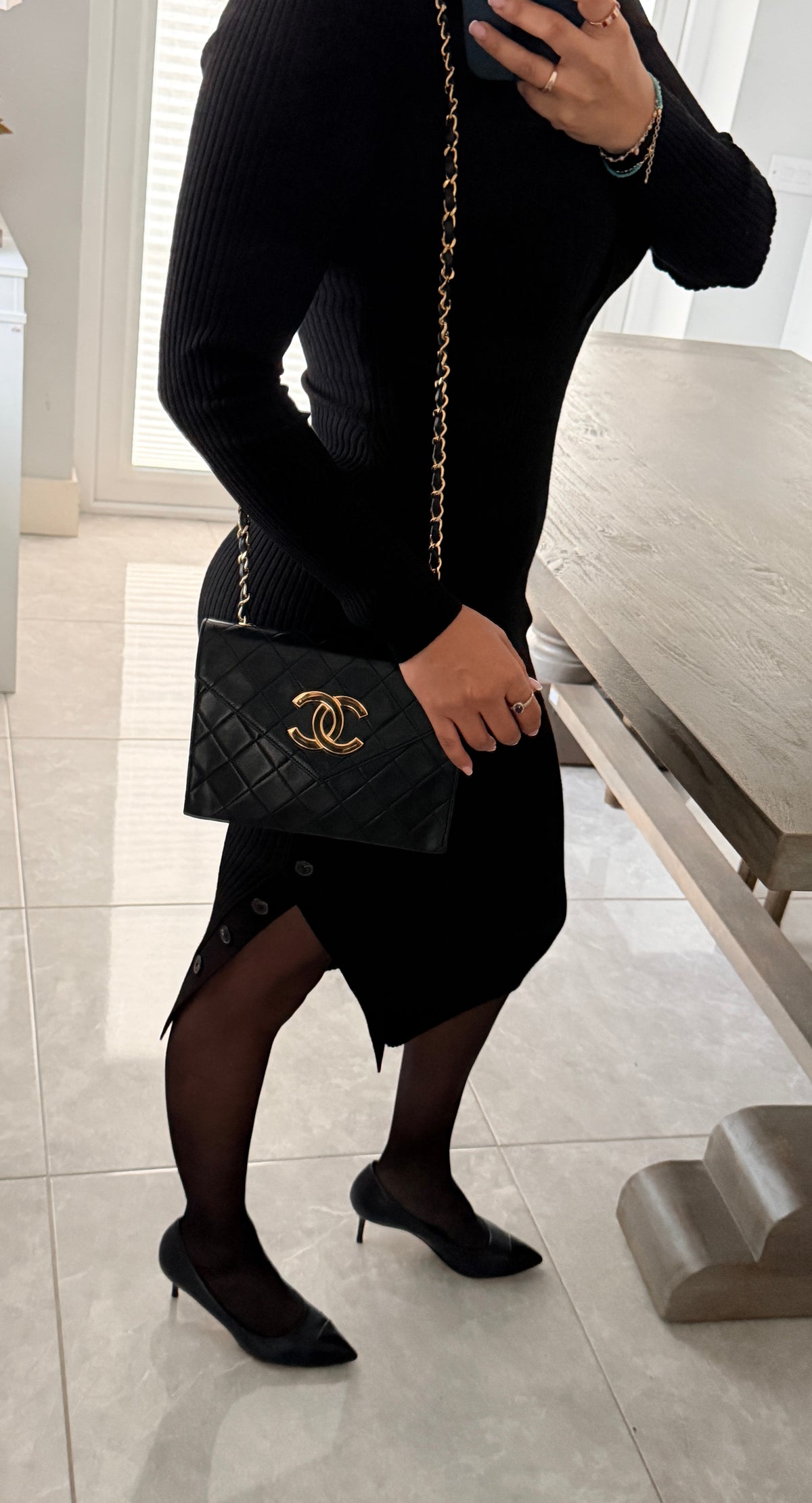 Chanel Vintage Small Shoulder Bag Black Lambskin Leather Gold Hardware