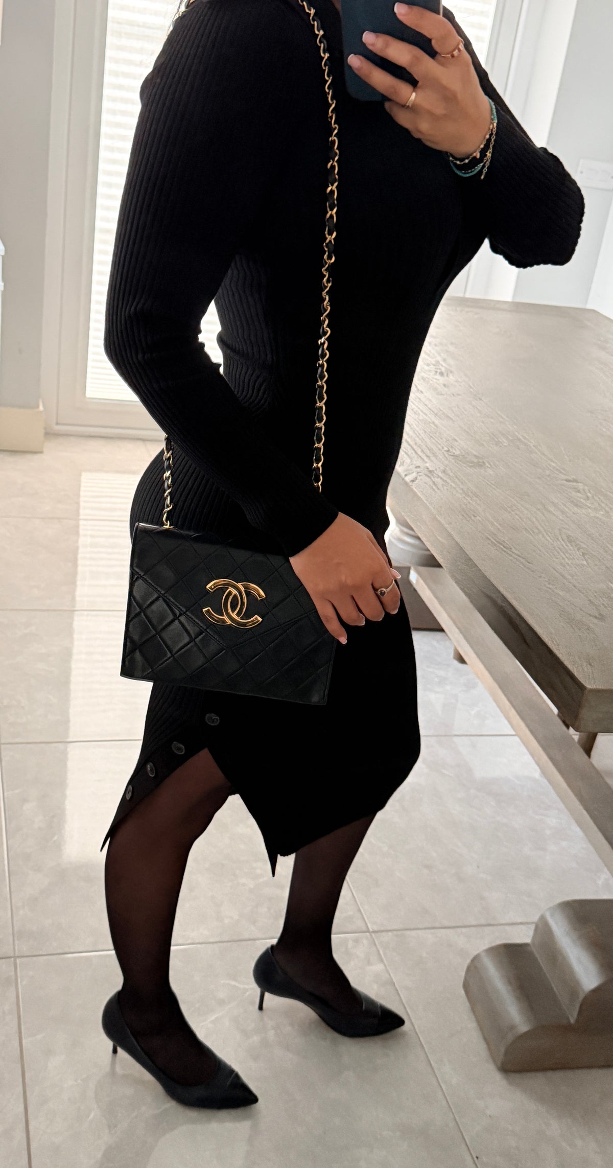 Chanel Vintage Small Shoulder Bag Black Lambskin Leather Gold Hardware