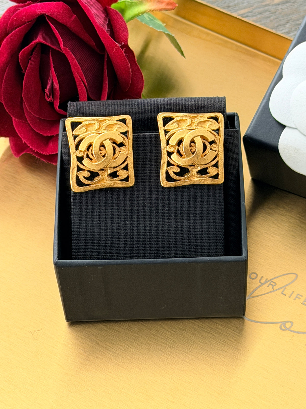 Chanel Vintage 24K Gold Plated Coco Mark Square Clip On Earring