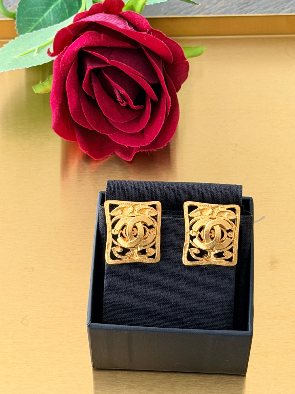Chanel Vintage 24K Gold Plated Coco Mark Square Clip On Earring