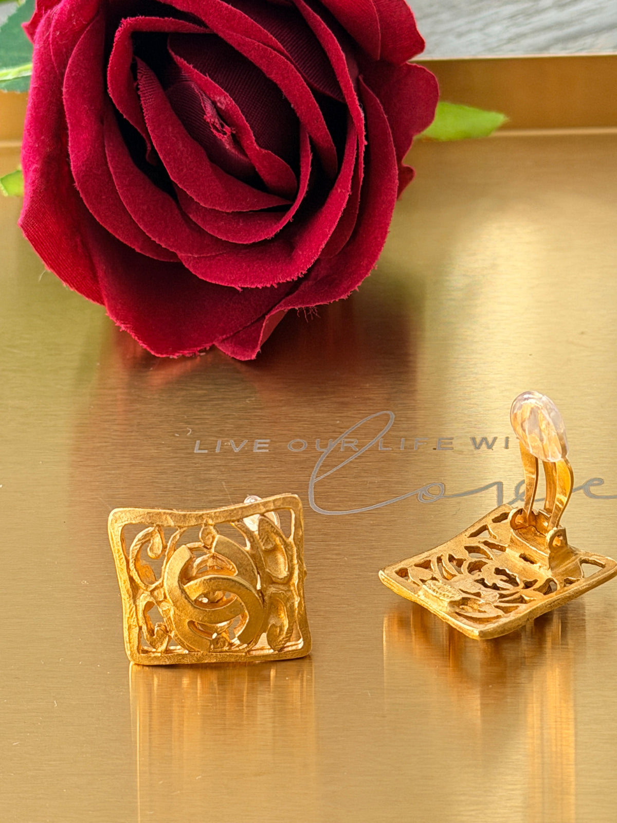 Chanel Vintage 24K Gold Plated Coco Mark Square Clip On Earring