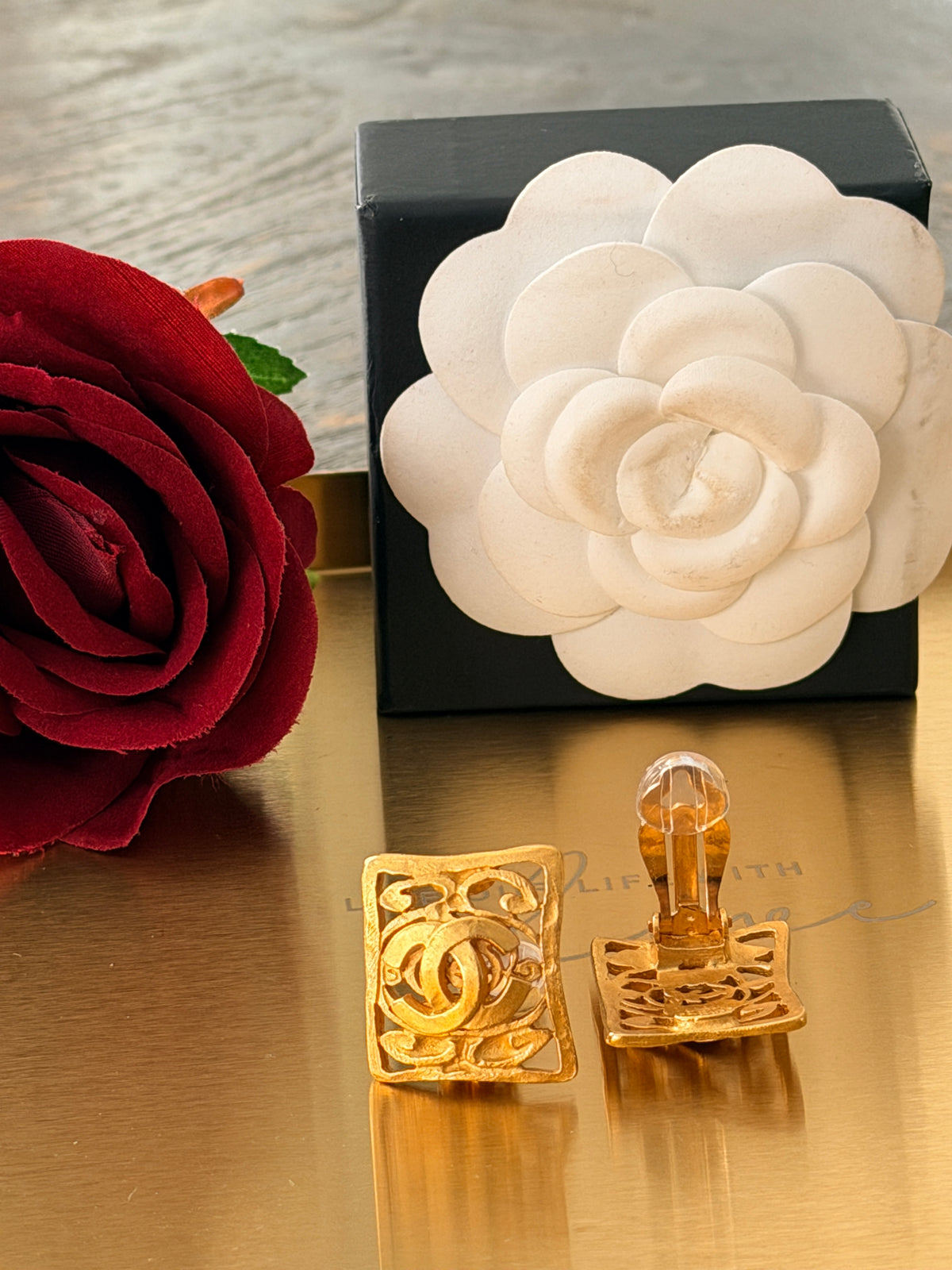 Chanel Vintage 24K Gold Plated Coco Mark Square Clip On Earring