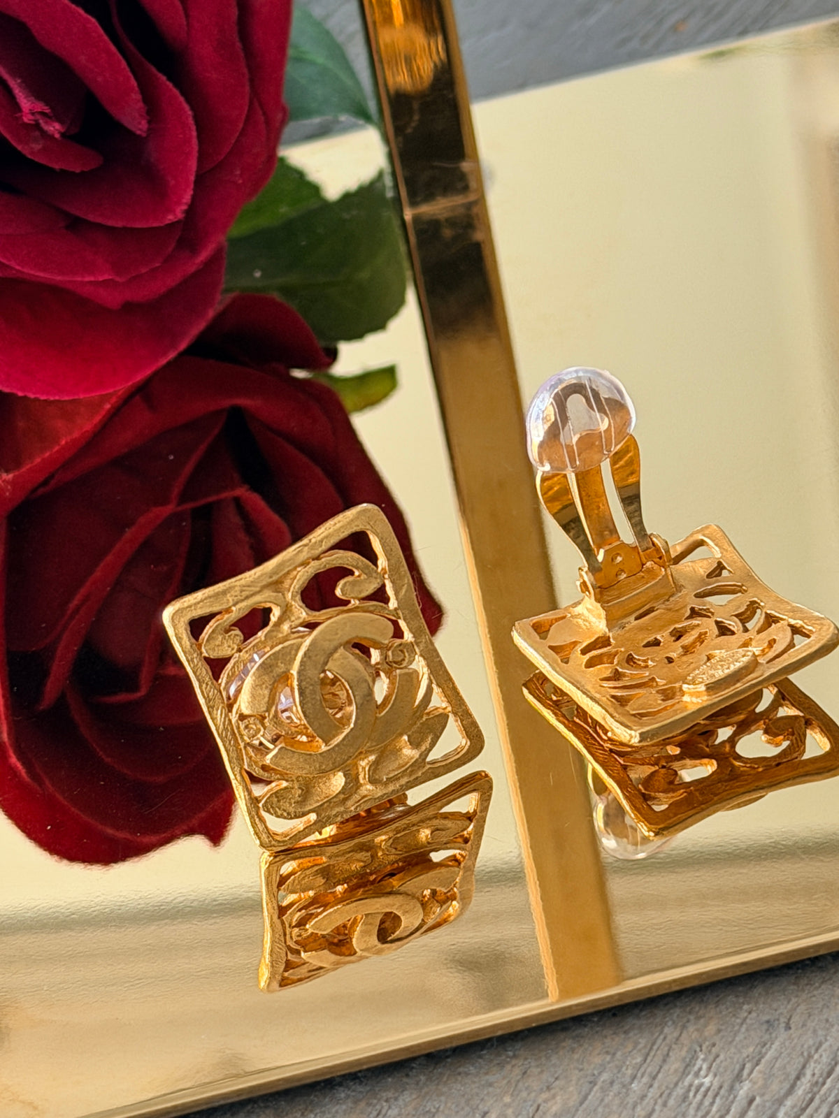 Chanel Vintage 24K Gold Plated Coco Mark Square Clip On Earring
