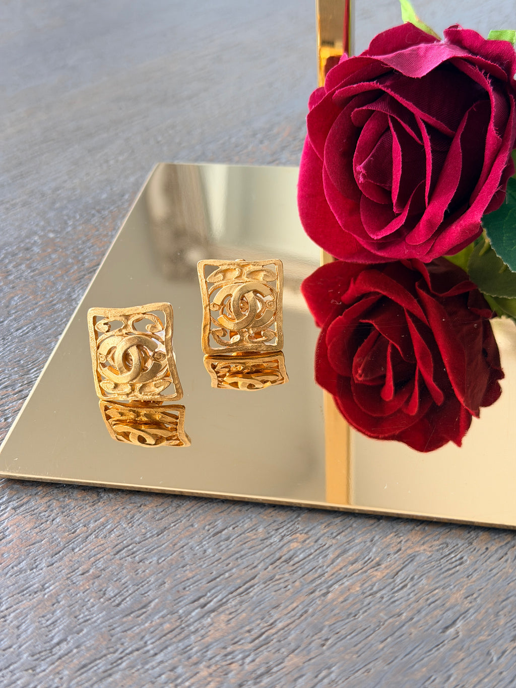 Chanel Vintage 24K Gold Plated Coco Mark Square Clip On Earring