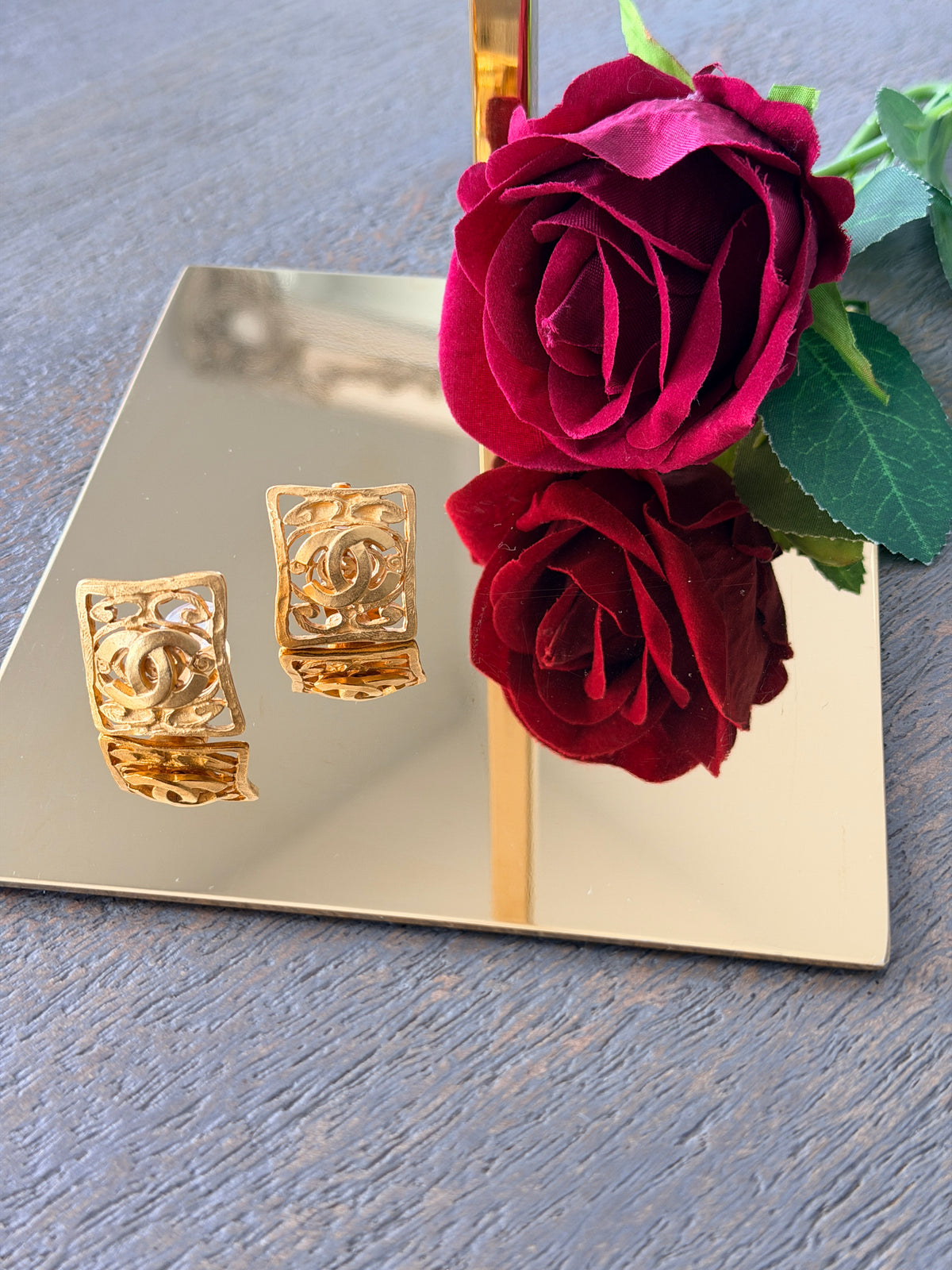Chanel Vintage 24K Gold Plated Coco Mark Square Clip On Earring