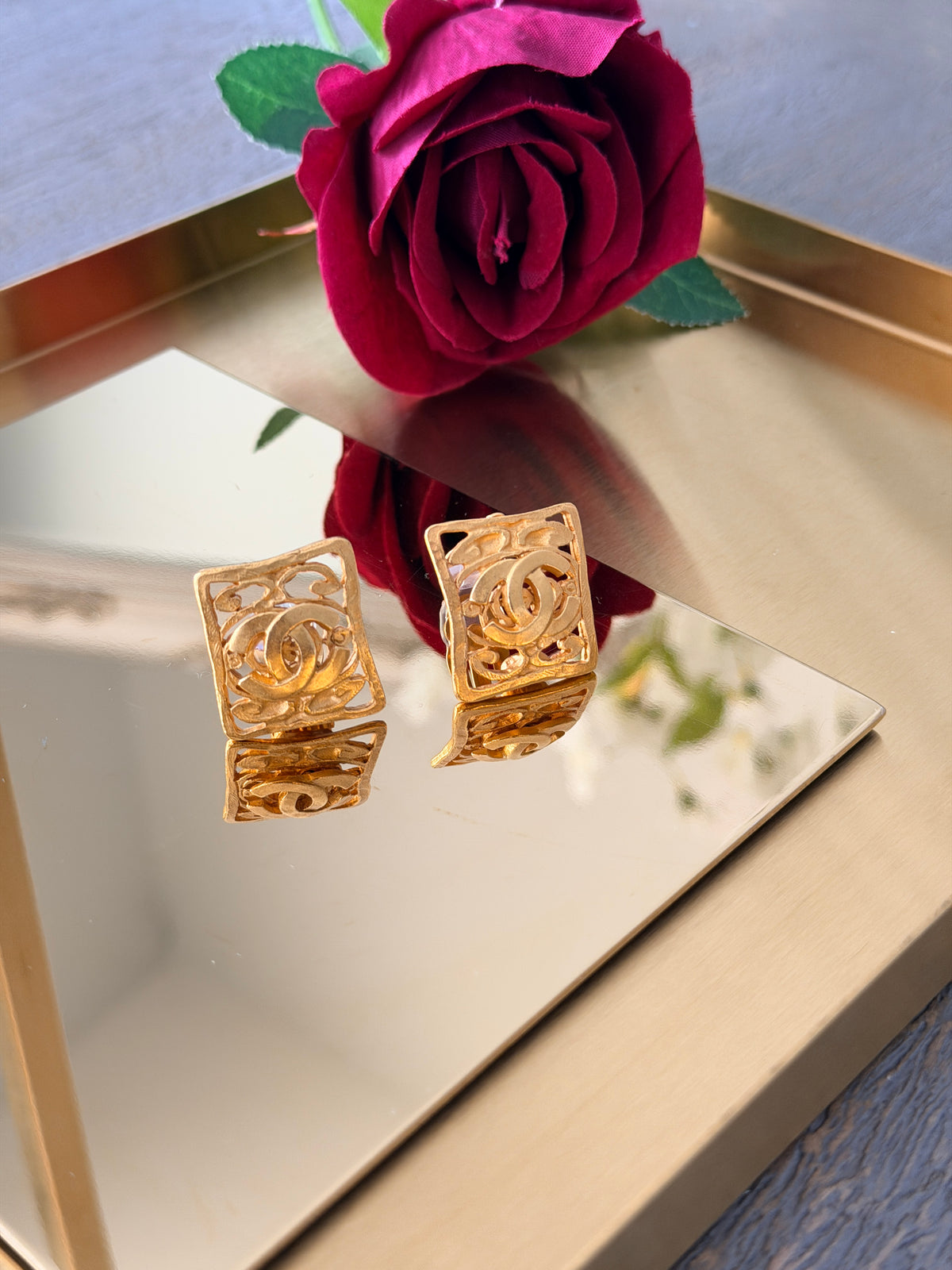 Chanel Vintage 24K Gold Plated Coco Mark Square Clip On Earring