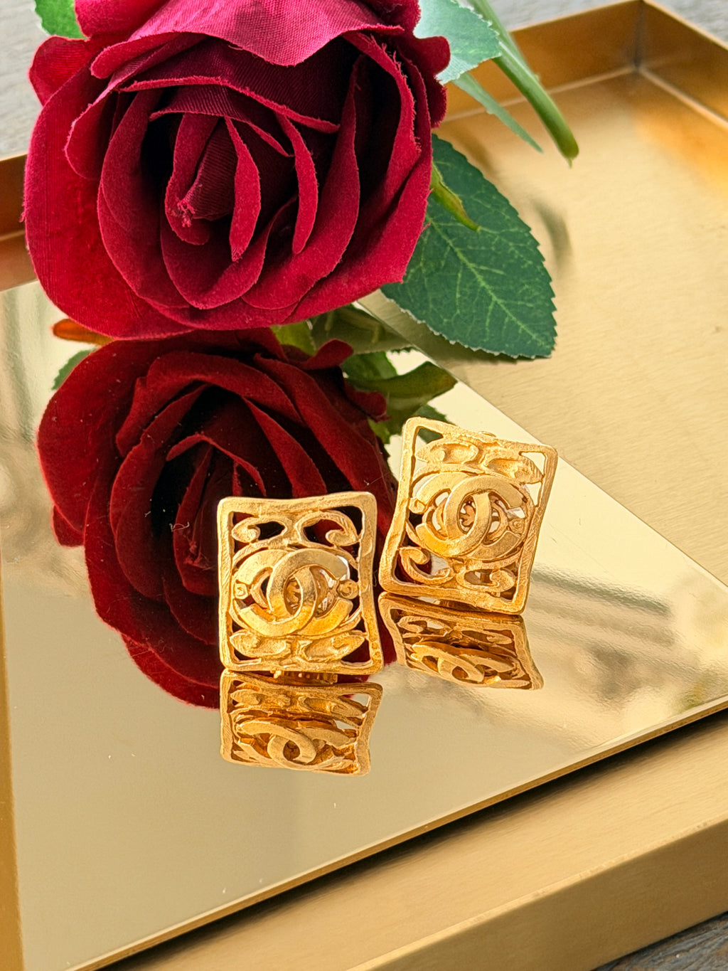 Chanel Vintage 24K Gold Plated Coco Mark Square Clip On Earring
