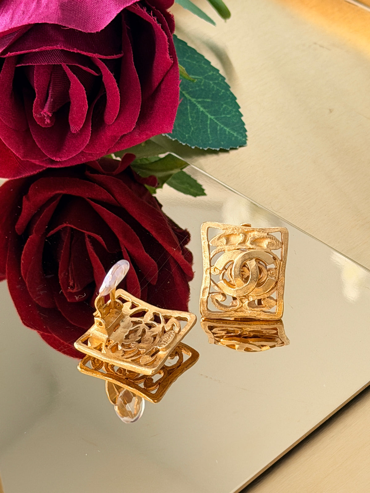 Chanel Vintage 24K Gold Plated Coco Mark Square Clip On Earring