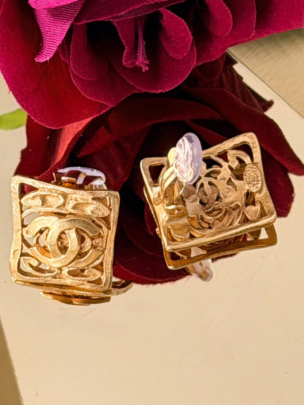Chanel Vintage 24K Gold Plated Coco Mark Square Clip On Earring