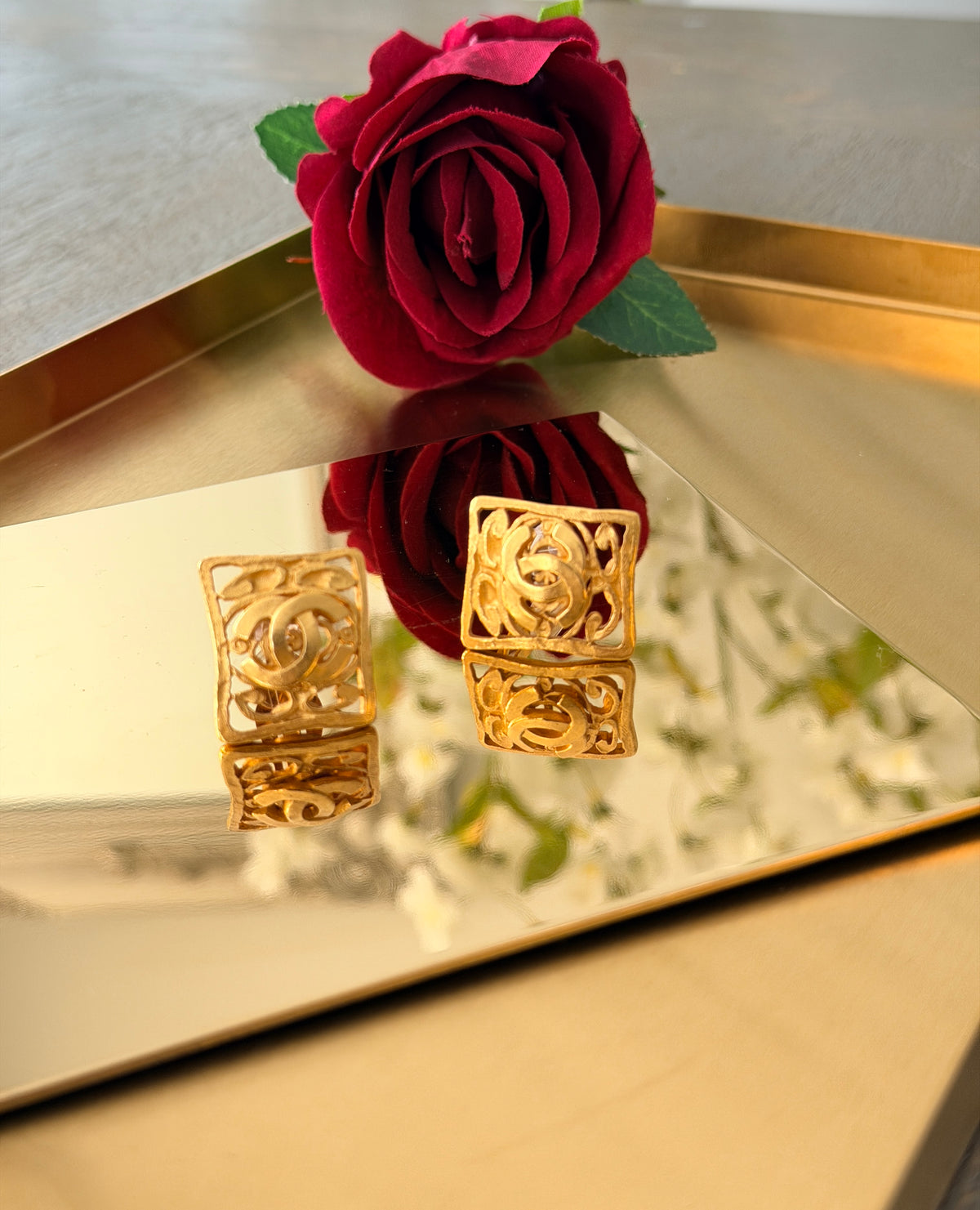 Chanel Vintage 24K Gold Plated Coco Mark Square Clip On Earring