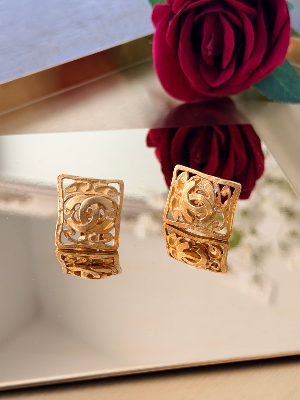 Chanel Vintage 24K Gold Plated Coco Mark Square Clip On Earring