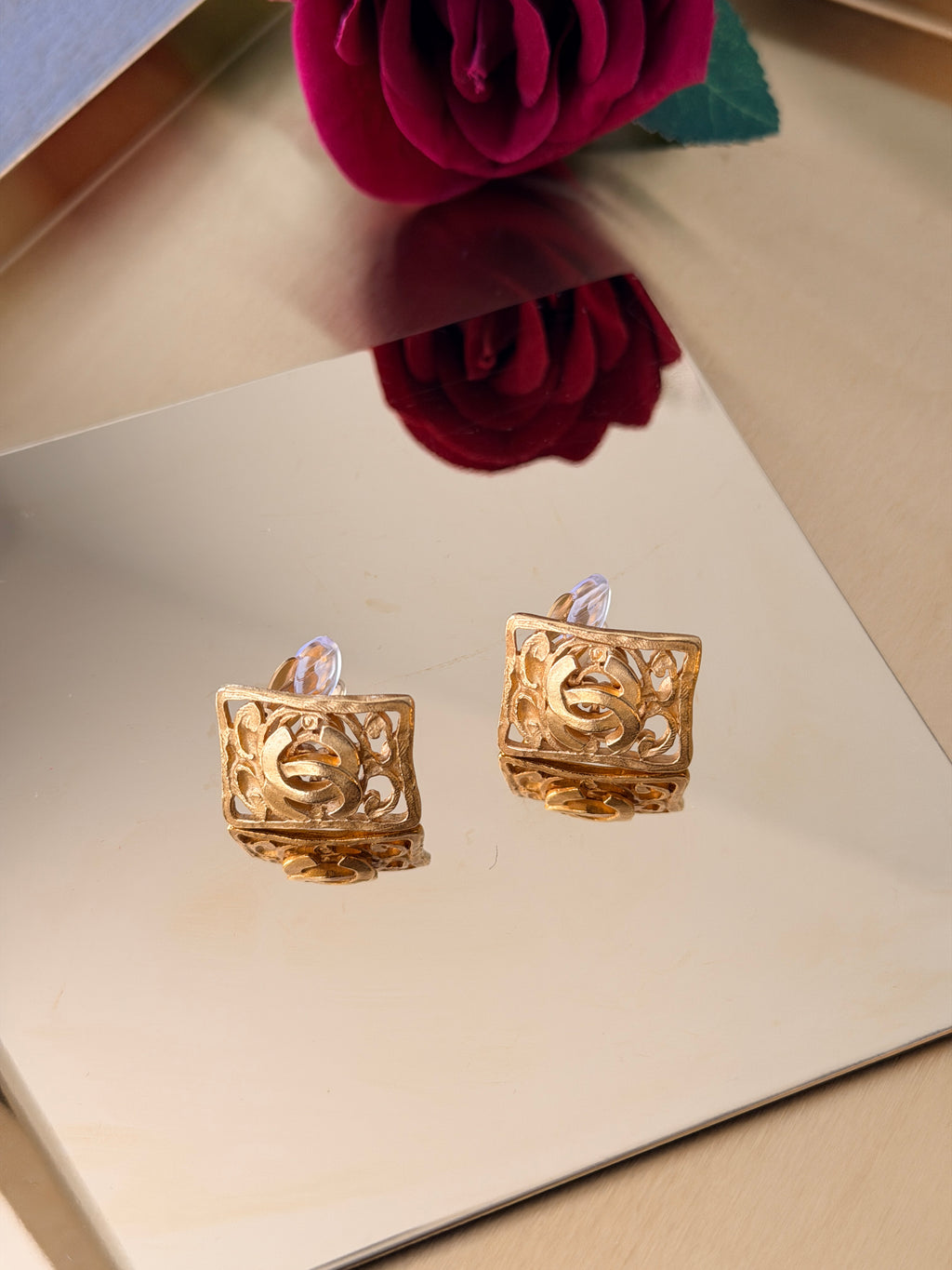 Chanel Vintage 24K Gold Plated Coco Mark Square Clip On Earring