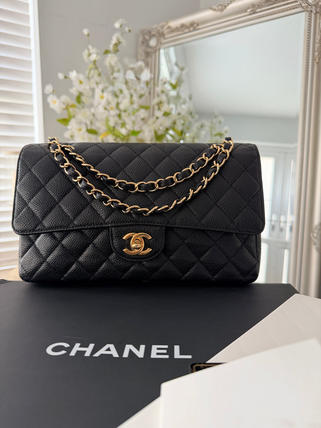 Chanel Timeless Classic Medium Double Flap Bag Black Caviar Leather Gold Hardware