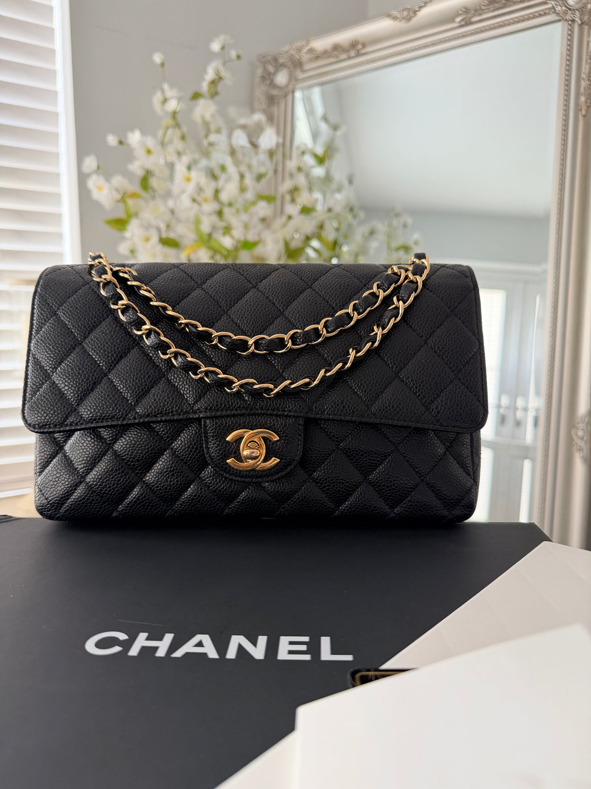 Chanel Timeless Classic Medium Double Flap Bag Black Caviar Leather Gold Hardware