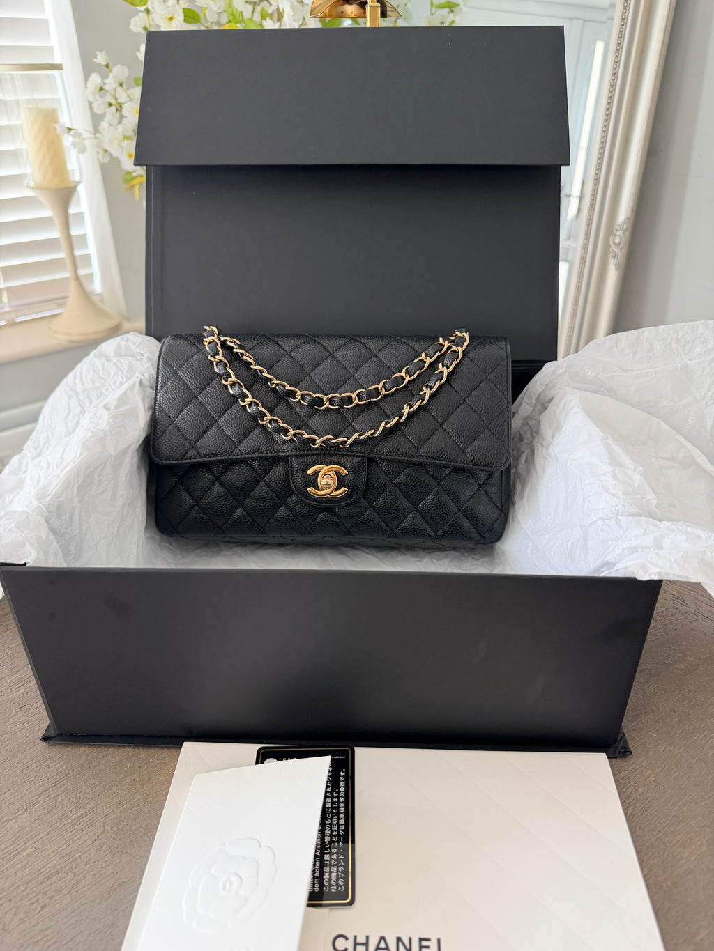 Chanel Timeless Classic Medium Double Flap Bag Black Caviar Leather Gold Hardware