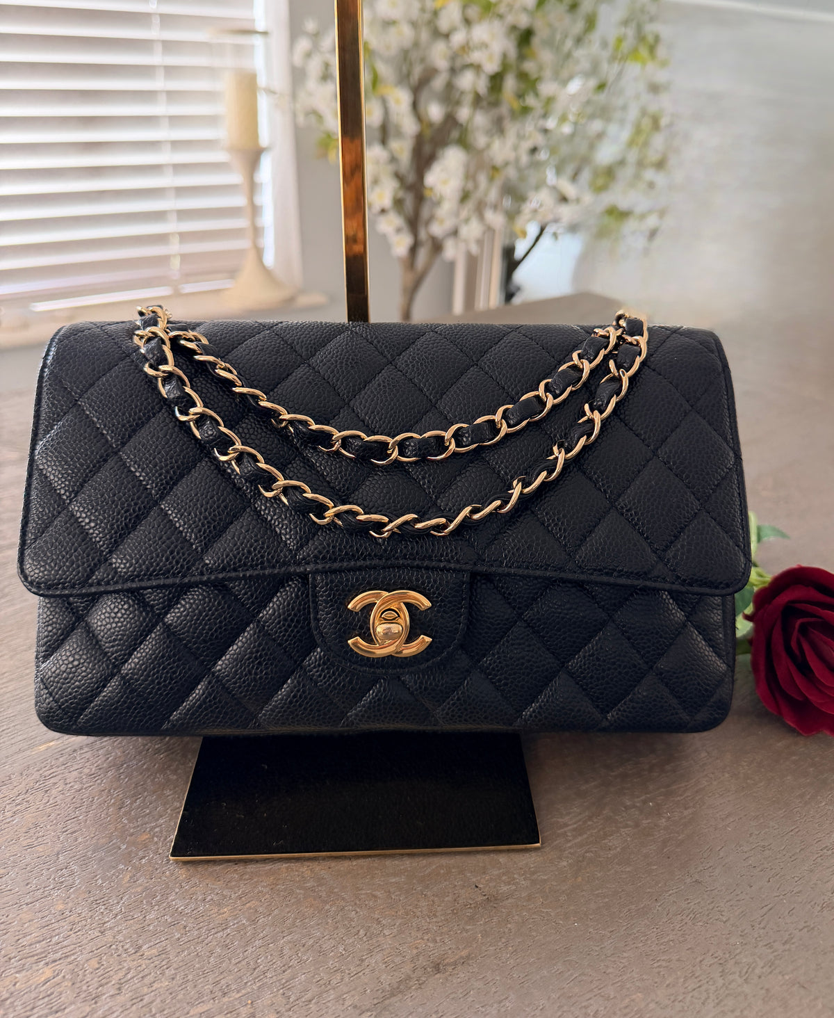 Chanel Timeless Classic Medium Double Flap Bag Black Caviar Leather Gold Hardware