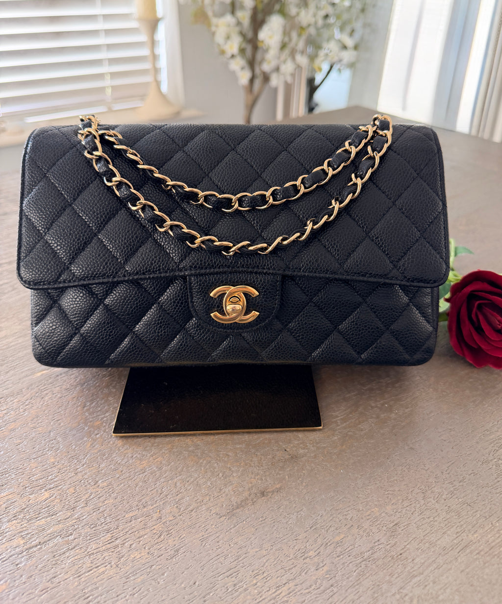 Chanel Timeless Classic Medium Double Flap Bag Black Caviar Leather Gold Hardware