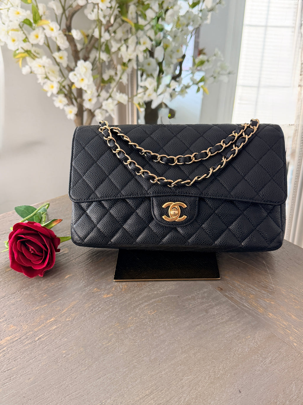 Chanel Timeless Classic Medium Double Flap Bag Black Caviar Leather Gold Hardware