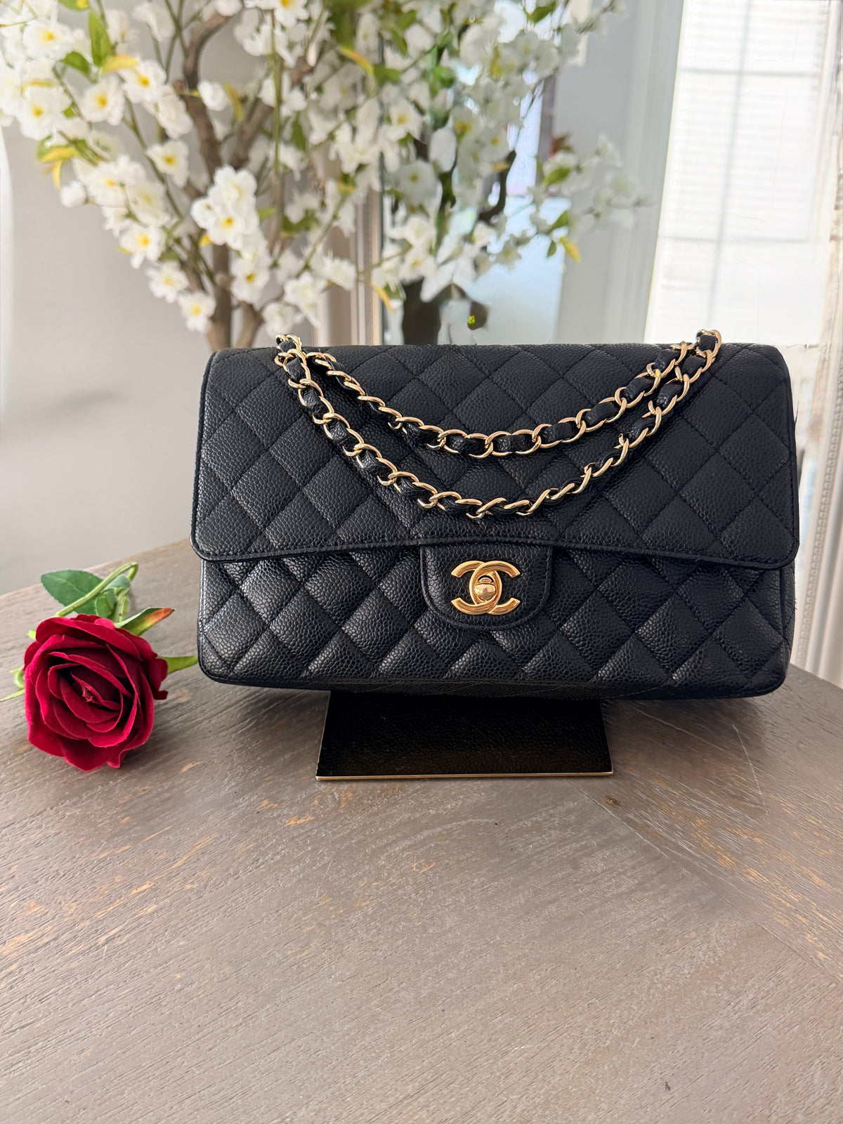 Chanel Timeless Classic Medium Double Flap Bag Black Caviar Leather Gold Hardware