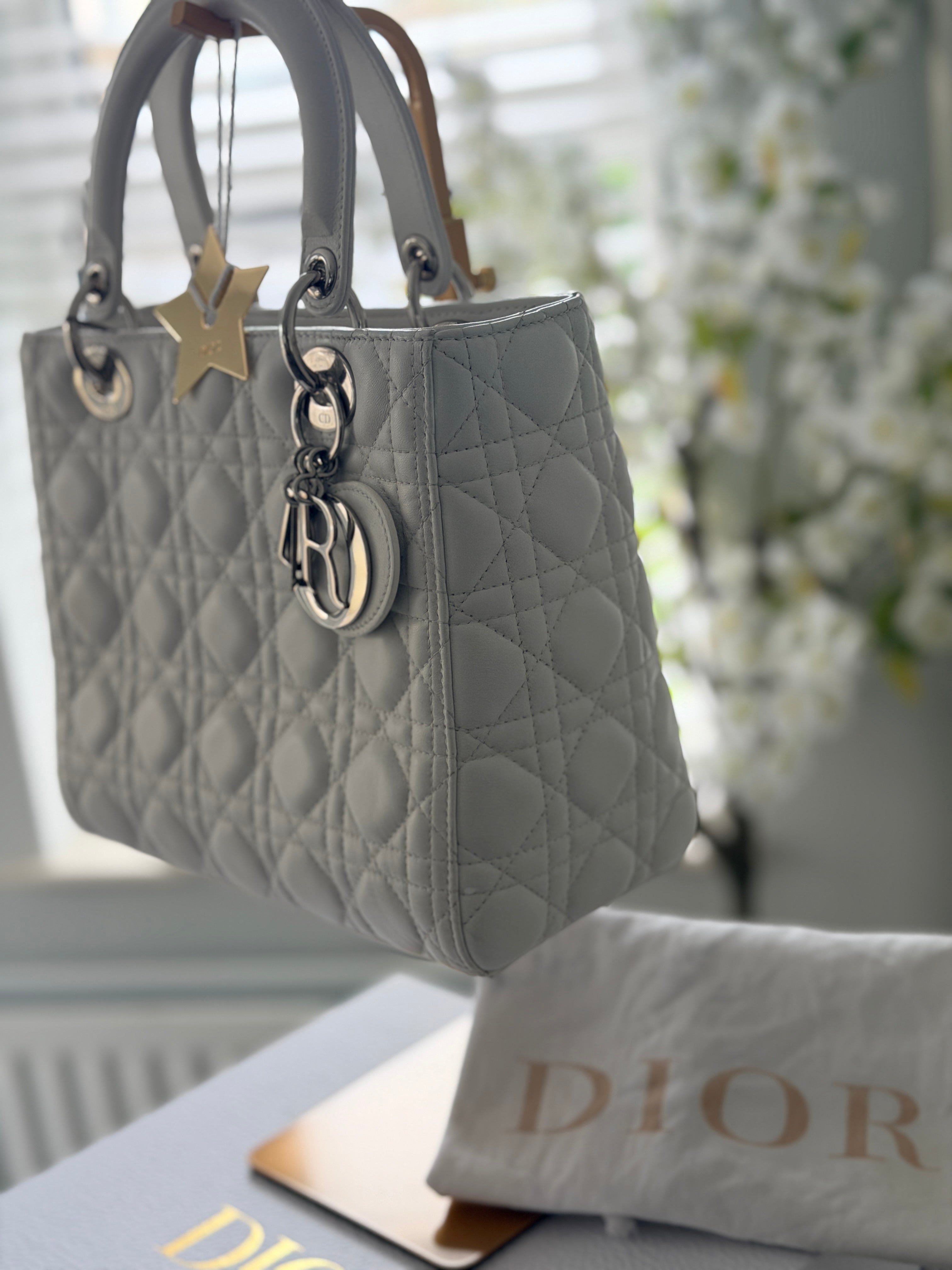 Christian Dior Lady Dior Medium Handbag White Cannage Leather Silver Hardware
