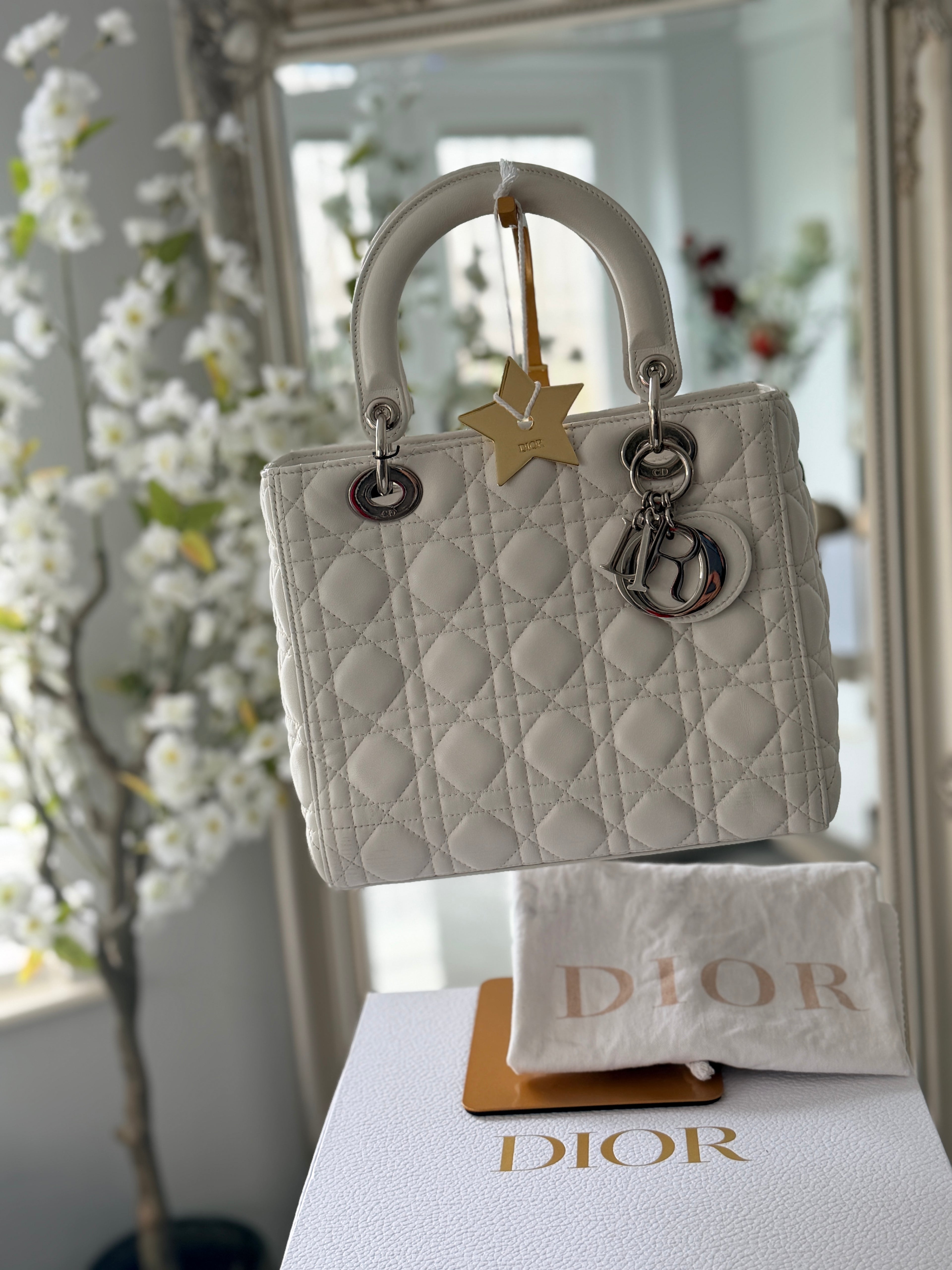 Christian Dior Lady Dior Medium Handbag White Cannage Leather Silver Hardware