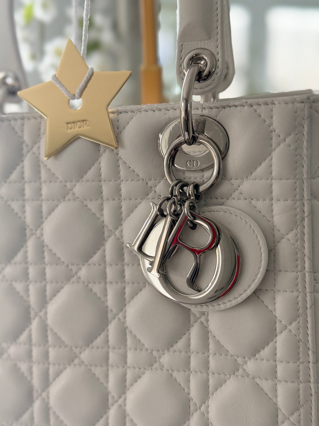 Christian Dior Lady Dior Medium Handbag White Cannage Leather Silver Hardware