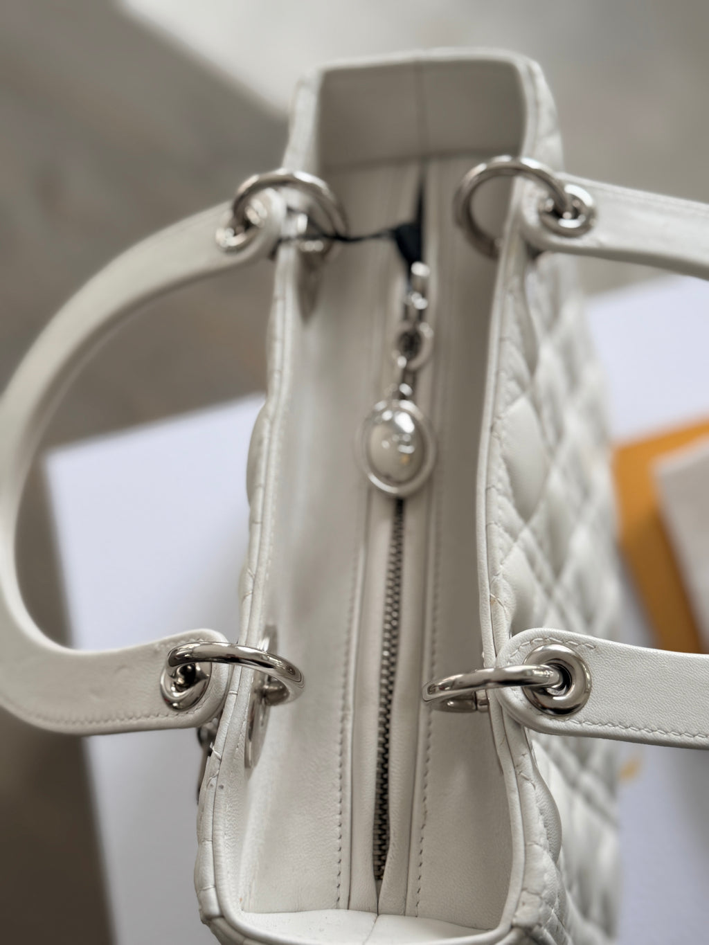 Christian Dior Lady Dior Medium Handbag White Cannage Leather Silver Hardware